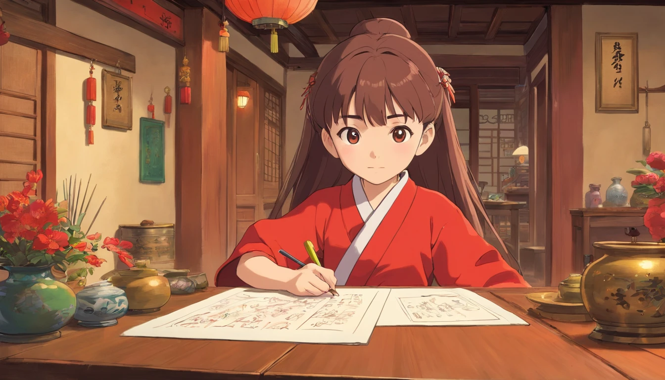 A 6-year-old Chinese girl is drawing, Long hair, Front right perspective, The half body is set against the backdrop of the home room, An old grandfather was watching the little girl,The little girl is dressed in a red Zhuang costume, shot from a far distance,