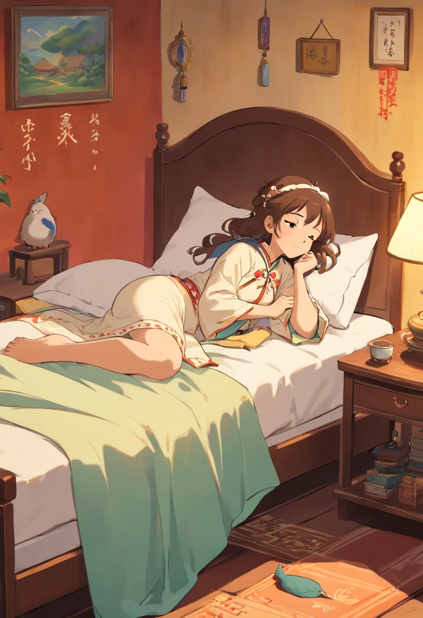 The woman wears Zhuang costume,Next to a bed(There was a little brown bird sleeping on the bed)
