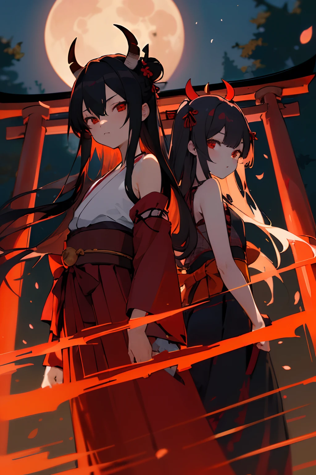 ((masterpiece,top-quality)),2girls,teens girl, A dark-haired, cherry trees, natta, fullmoon,florals, Red mesh,Zito-order , Komono,The long-haired,,Obi,Geta,torii gate, Demon Horns, Tattered Hakama,red eyes,Bare shoulders,bacchus