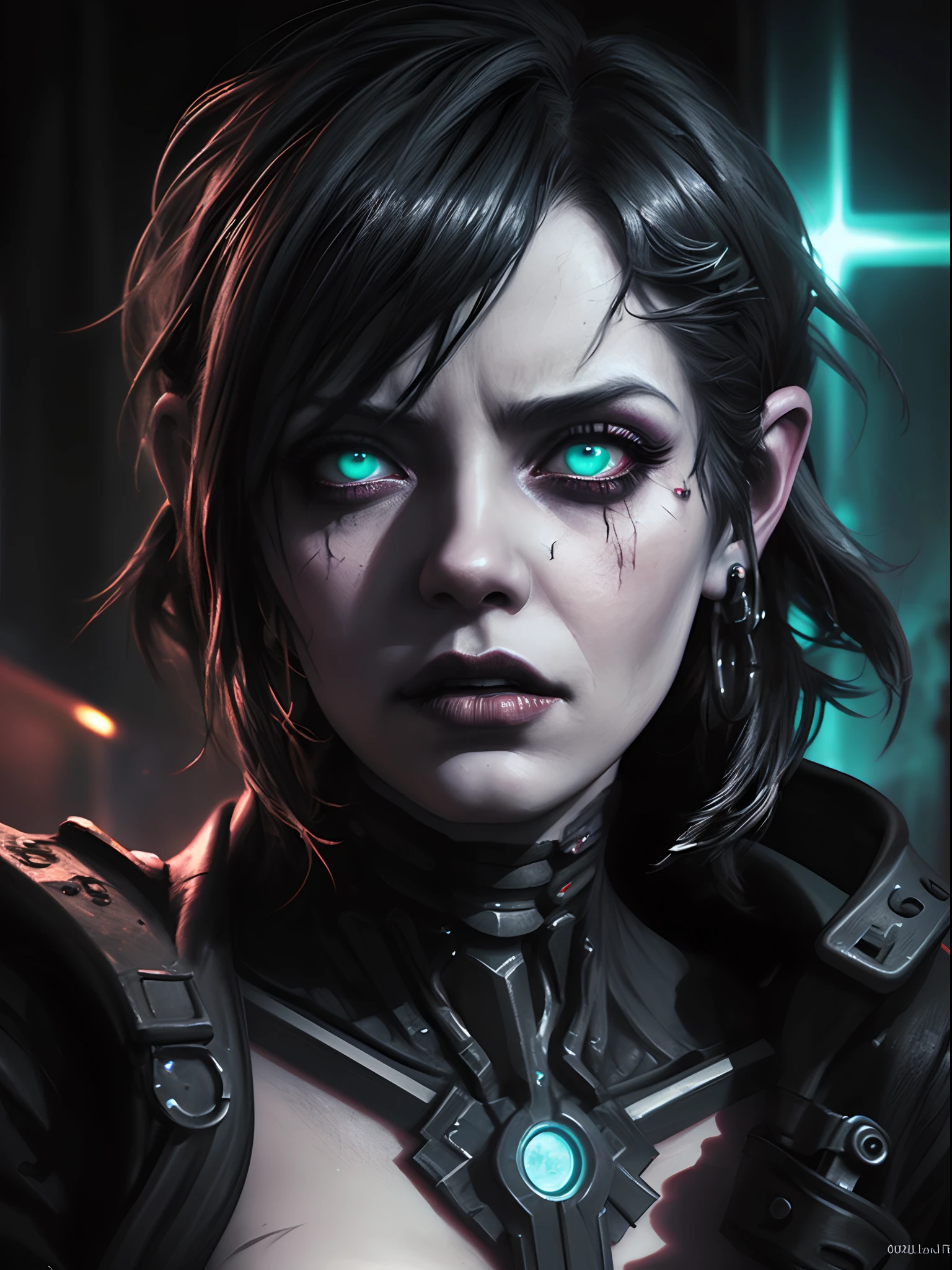 Extreme close up portrait of Chronicles of Riddick Necromonger woman, heavy goth makeup, dark chiaroscuro gothic cyberpunk city background, photorealistic dark concept art, Gothic Babylonian (cyberpunk) maiden,  angry gorgeous gothic cyberpunk , dark fantasy science fiction, hyperdetailed fantasy character, fantasy concept art portrait, portrait of a female Necromonger, stefan gesell, cyberpunk horror style, dark fantasy character design, 4k concept art and hyper realism, glowing LED lights