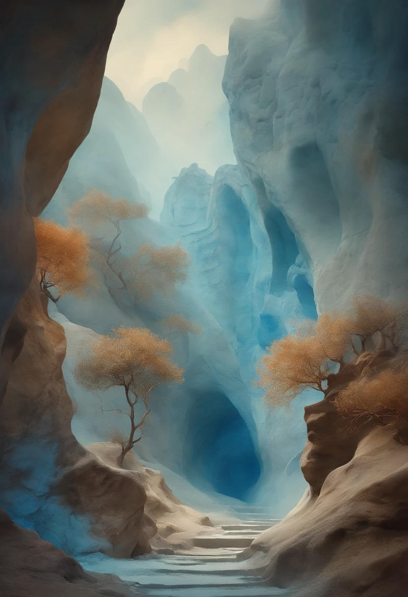 watercolour painting style,Dunhuang cave elements,Blue-toned background,Fairyland on earth