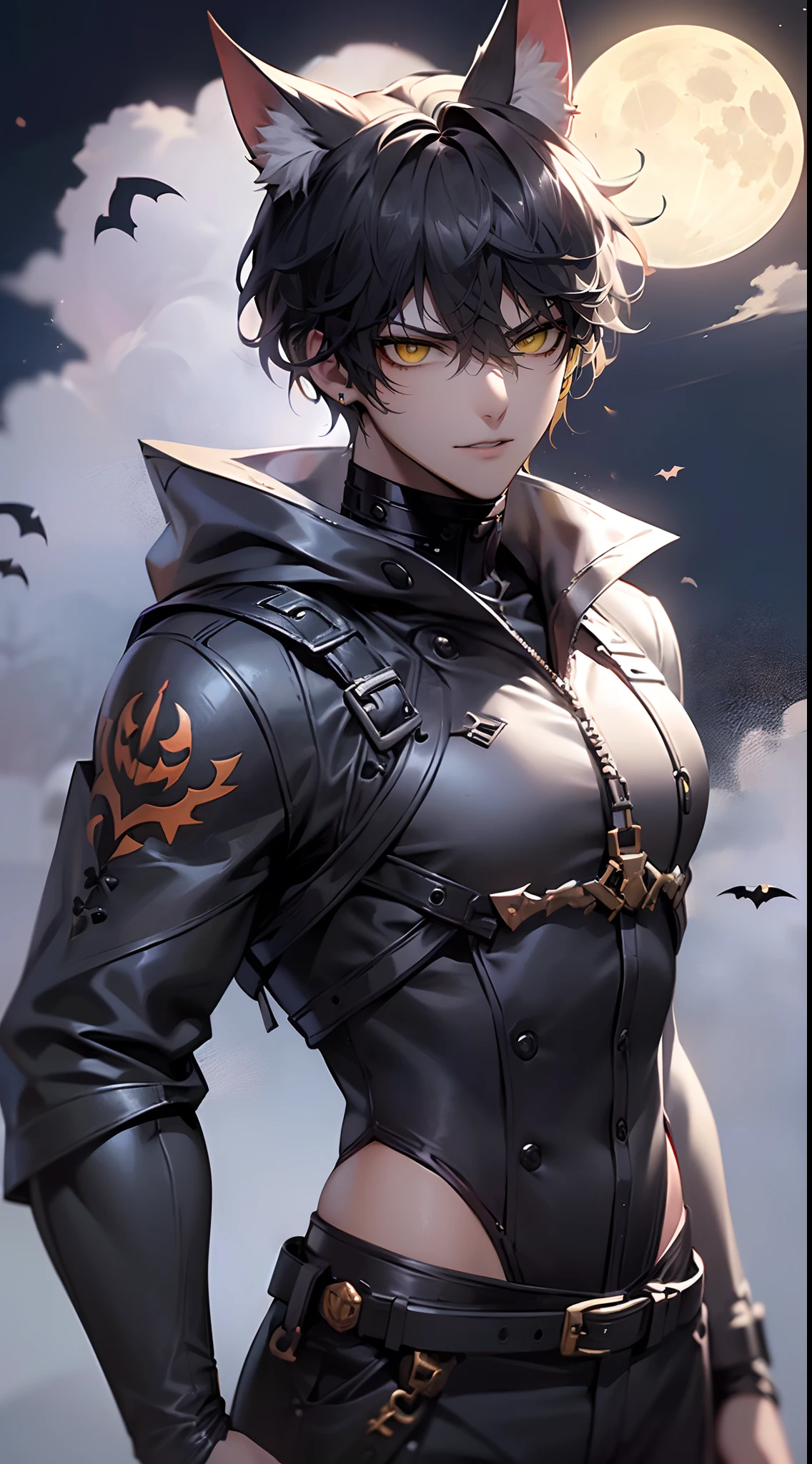 (4K works))、masterpiece、(top-quality)、((Full moon on black background))、Korean Male、Adult male、((Adult 26 years old))、((Adult older brother))、((werewolf man))、((The Man with Wolf Ears))、((Face similar to Hyun Jin))、Cool Men、tall、((Glaring expression))、((Strong eyes))、((Black cool werewolf fashion))、((Long sleeve long trouser style))、((smaller face))、Slim body、((hooligan))、((Black short-haired))、((Yellow eyes))、((shot from front))、((Shot alone))、((Solo Photography))、Professional Photos、((Focus zoom in))、((Upper body photography))、((Face enhancement))、Wolf's Pose、((Halloween Photos))、Horror Pictures