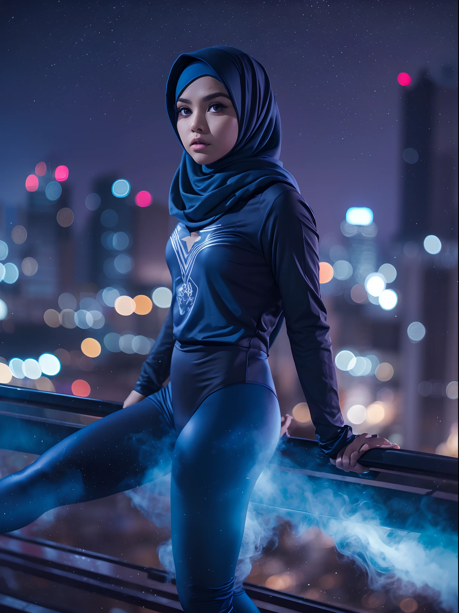 1 malay girl, solo,long big hijab, blue eyes, medium hijab, superhero, blue and white leotard, leggings, boots, hands on hip, top of building, very windy, city background, bokeh, nighttime, high quality, ultra detail, 8k, action pose, cinematic lighting, cinematic smoke, dramatic action, fighting pose,