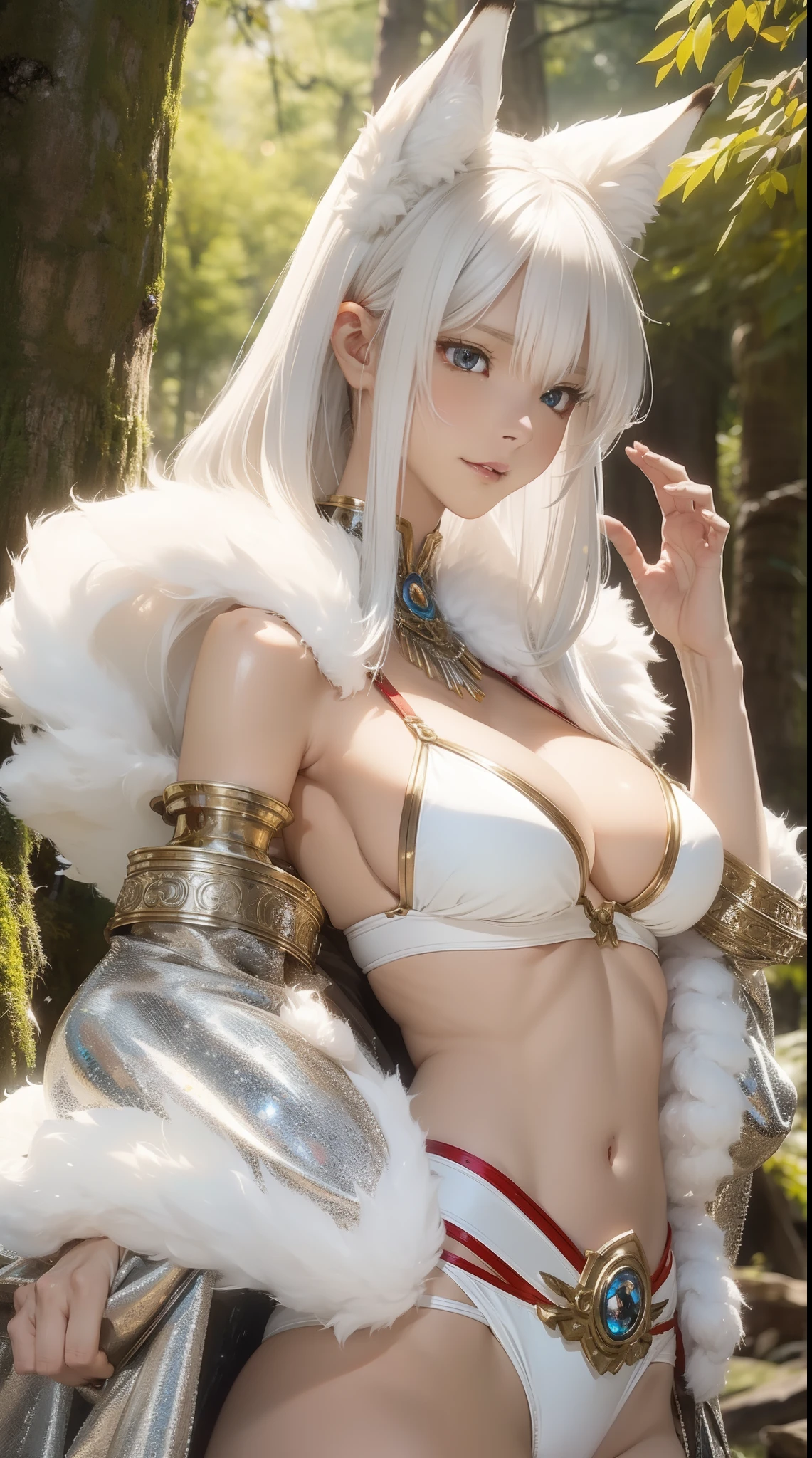 beautiful fox spirit, 1girl, fluffy ears, Bangs, white hair, beautiful face, perfect anatomy, ABS, bikini in intricate silver armor, Forest, Anime style, cgsociety, dramatic, cinematic lighting, fine expression, fine detail, a digital fantasy painting by Yusuke Murata.