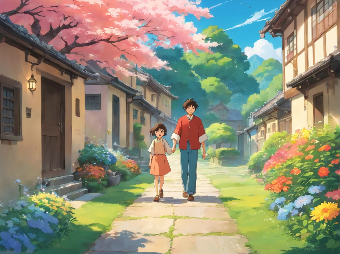 Stars in sky illustration,Father and young son holding hands,orthofacial,Walk on the path full of flowers,exteriors,There are houses just around the corner,Minority elements,Heartwarming scene,perfect detail