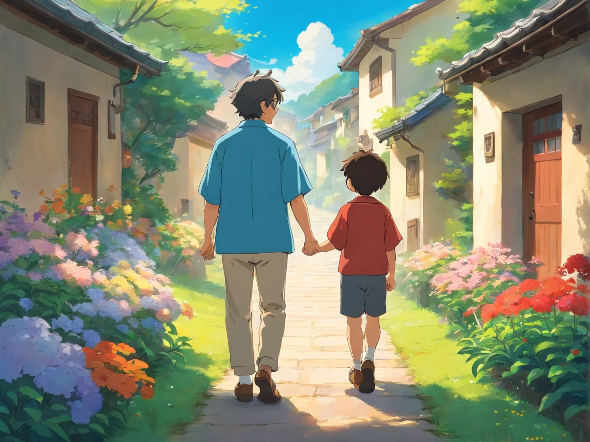 Stars in sky illustration，Father and young son holding hands，orthofacial，Walk on the path full of flowers，exteriors，There are houses just around the corner，Minority elements，Heartwarming scene，perfect  detail
