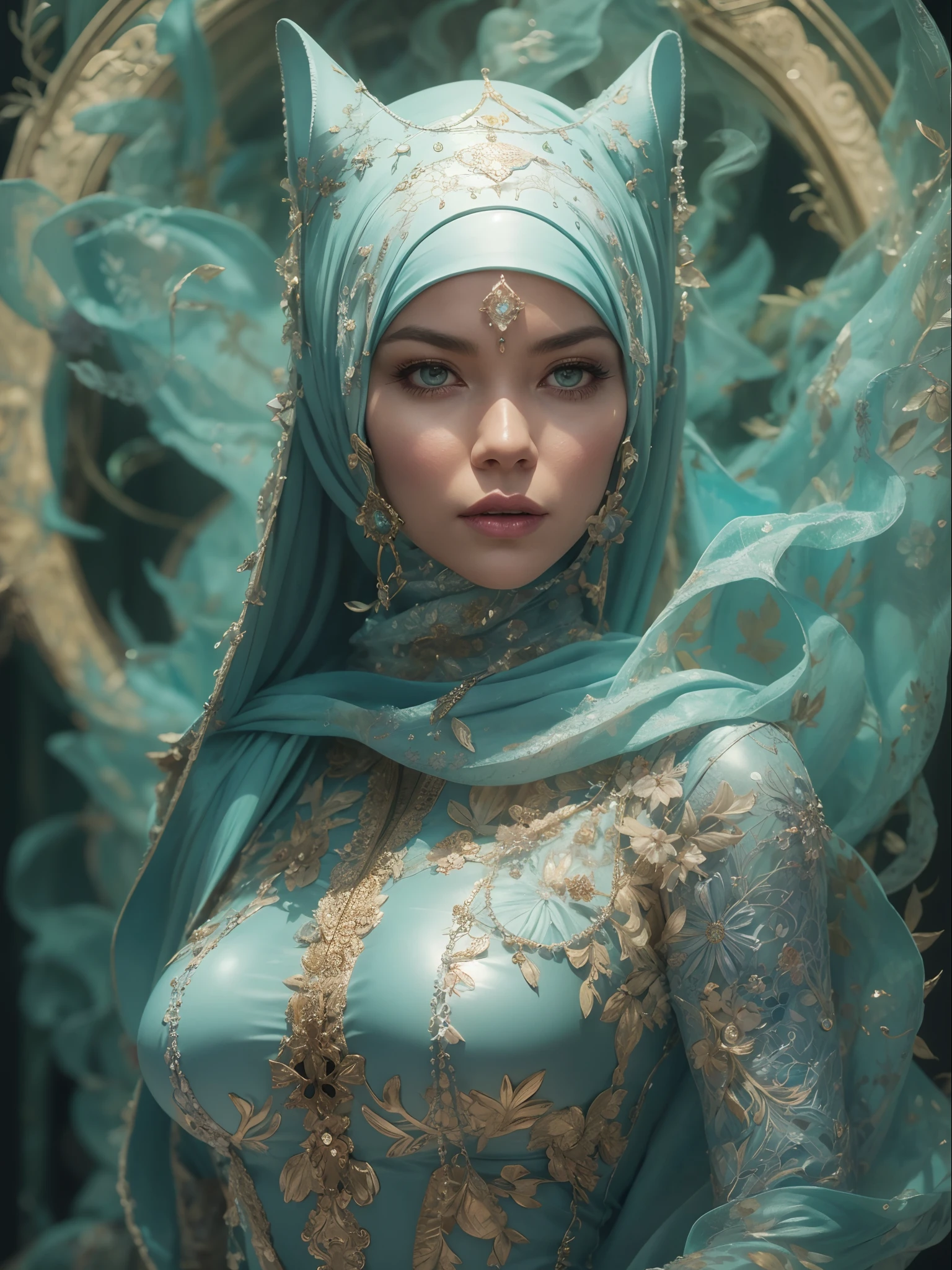 Full body portrait, beautiful fantasy Catwoman in hijab, shiny metallic jeweled depth, glowing smoke neon eyes, hoarfrost metal lace, fantasy, sunlight, sunbeam, intricate detail. 8k, dreamlike, surrealism, super cute, symmetrical, soft lighting, trending on artstation, intricate details, highly detailed, unreal engine, by ross tran, wlop, artgerm and james jean, Brian Froud, art illustration by Miho Hirano, Neimy Kanani, oil on canvas by Aykut Aydoğdu, oil painting, heavy strokes, paint dripping