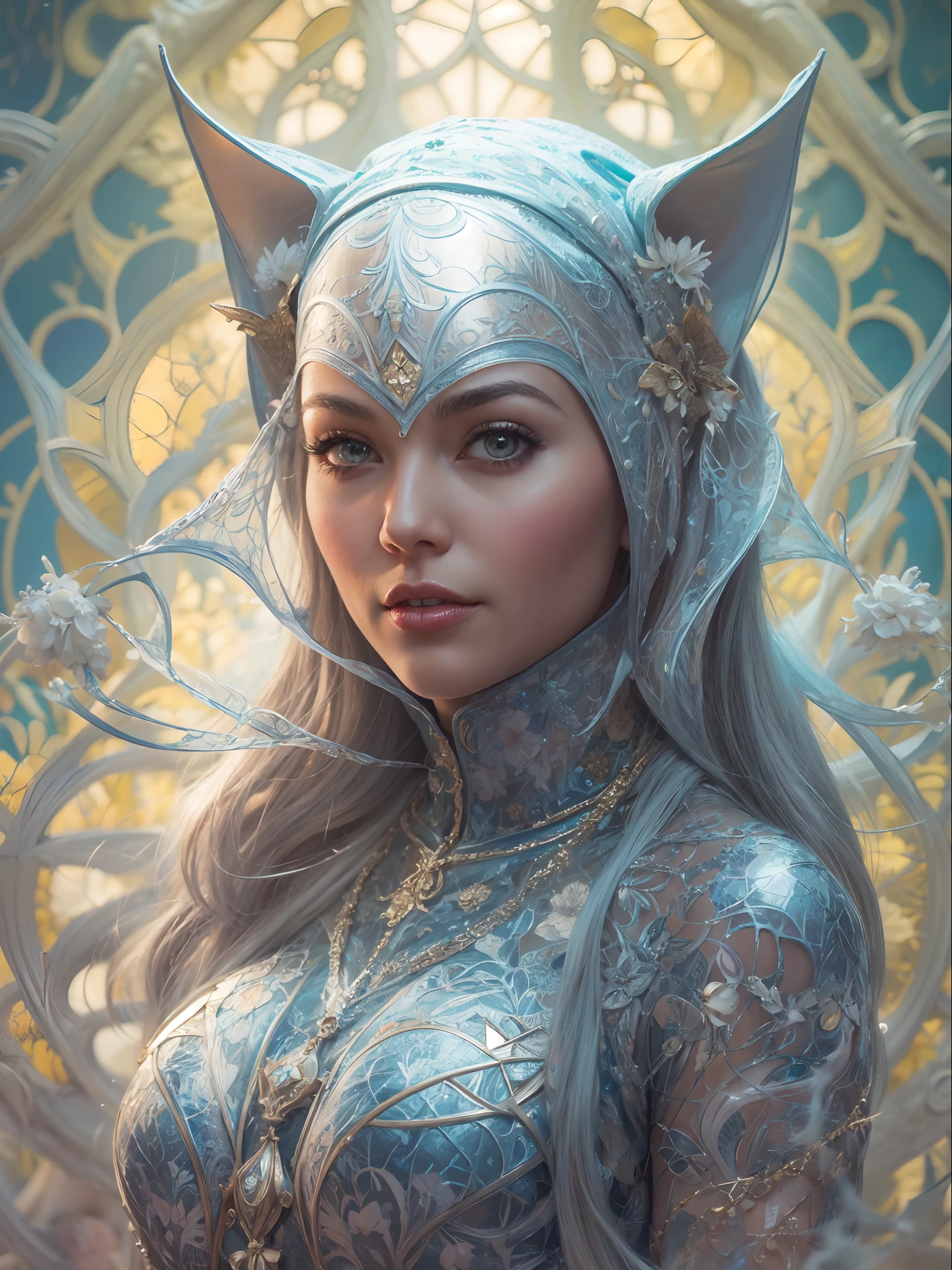Full body portrait, beautiful fantasy Catwoman in hijab, shiny metallic jeweled depth, glowing smoke neon eyes, hoarfrost metal lace, fantasy, sunlight, sunbeam, intricate detail. 8k, dreamlike, surrealism, super cute, symmetrical, soft lighting, trending on artstation, intricate details, highly detailed, unreal engine, by ross tran, wlop, artgerm and james jean, Brian Froud, art illustration by Miho Hirano, Neimy Kanani, oil on canvas by Aykut Aydoğdu, oil painting, heavy strokes, paint dripping