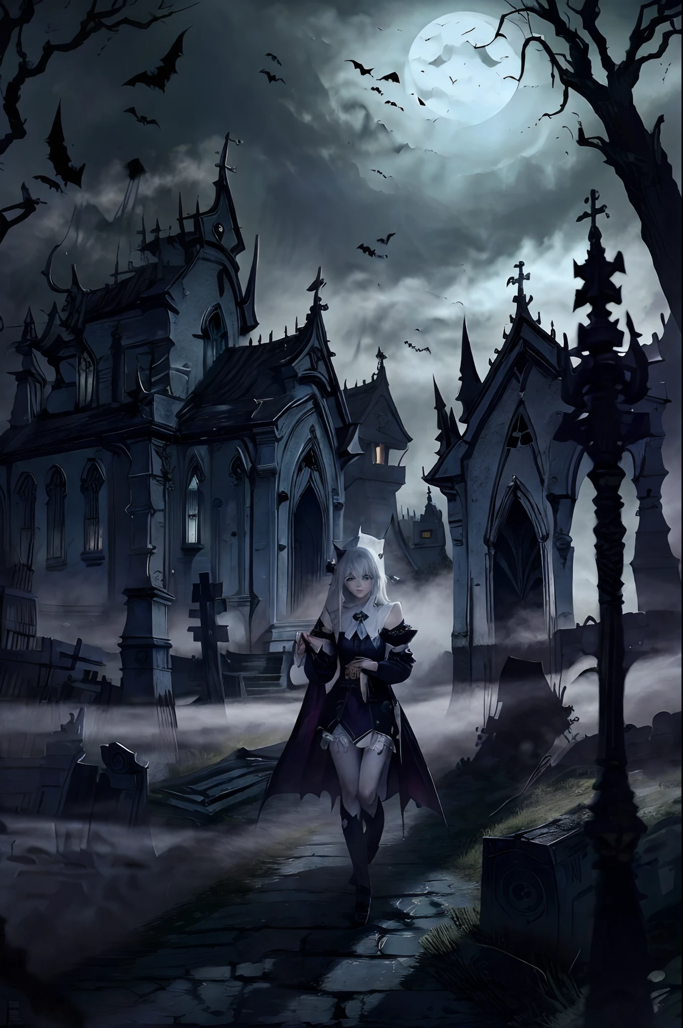 (masterpiece) (high quality, extra detailed, 4k) create a cosplay girl dressed as ghost, white hair, pale skin, big blue eyes, delicate face, halloween inspired costume, anime cosplay, beautifull, halloween scenery, background is cemetery, at night, brume, fog, low light, bats flying at distance, she is looking for her soulmate who died