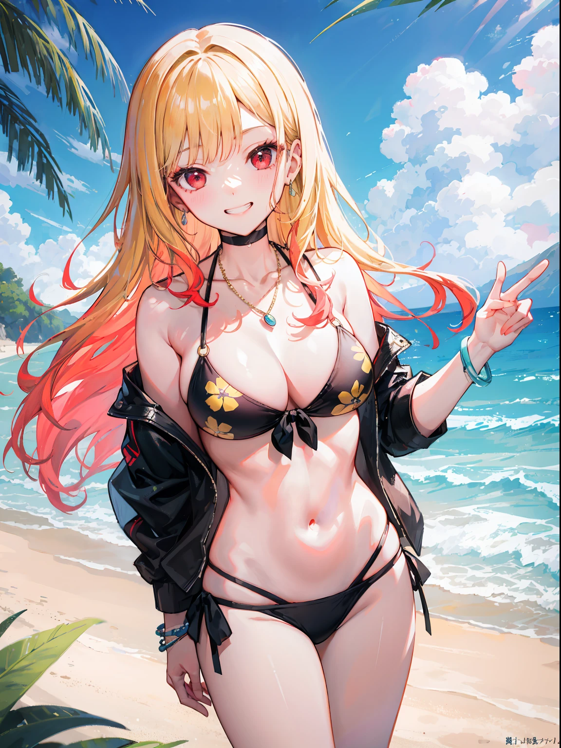 masterpiece, best quality, highres, kitagawa marin, 1girl, blonde hair, long hair, multicolored hair, red eyes, jewelry, necklace, choker, black bikini, floral print, bracelet, side-tie bikini bottom,, cowboy shot, outdoor, beach, summertime, vivid colours, standing, grin