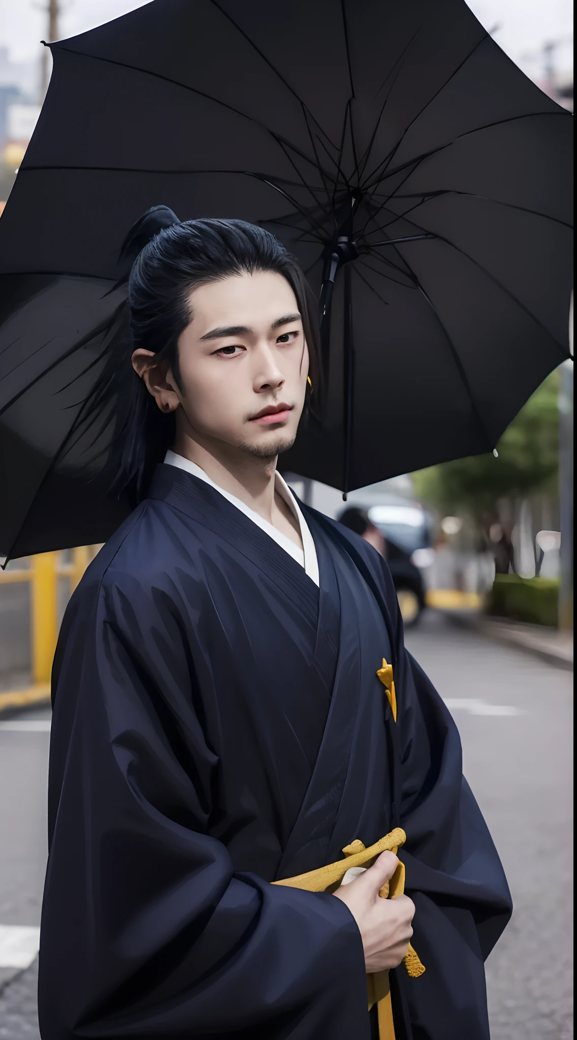 1man, geto suguru in anime jujutsu, short hair , black hair, brown eyes, handsome, black clothes, realistic clothes, detail clothes, city background, ultra detail, asian man in a black jacket holding a black umbrella, handsome japanese demon boy, beautiful androgynous prince, delicate androgynous prince, cai xukun, handsome guy in demon slayer art, handsome anime pose, inspired by Bian Shoumin, young wan angel, official art