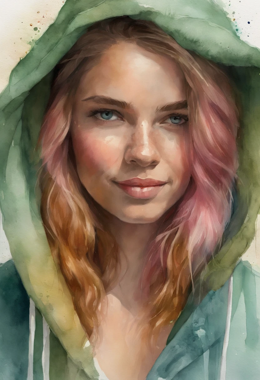 1girll, Solo, solofocus, Cowboy shot, Portrait, hoodie oversized, Aqua green and white hoodie, Half water, Semi-green, ((Brown hair)), (Yellow hair), (Gradient hair :1.5), Curly hair, ((Pink eyes)), Ultra-fine eyes, Conque, (Caramel dark skin:1.1), Best quality, Ultra-detailed, White background, Simple background