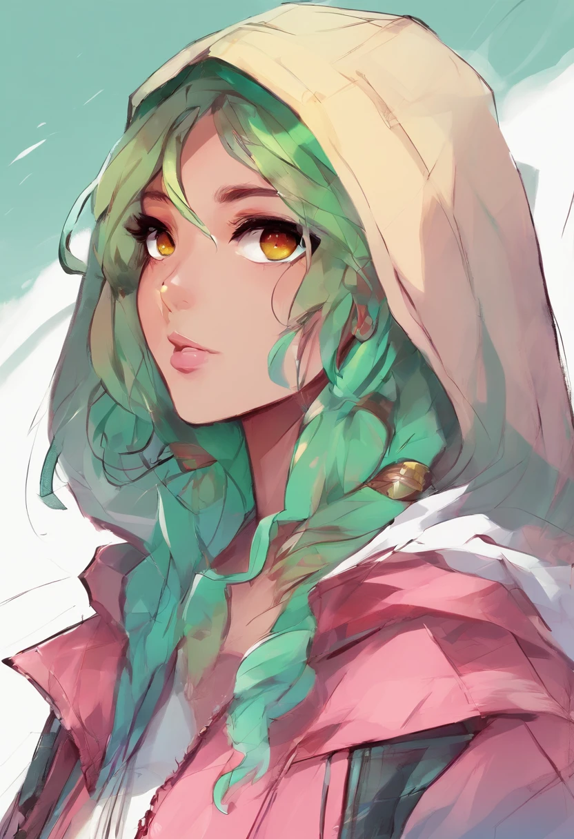 1girll, Solo, solofocus, Cowboy shot, Portrait, hoodie oversized, Aqua green and white hoodie, Half water, Semi-green, ((Brown hair)), (Yellow hair), (Gradient hair :1.5), Curly hair, ((Pink eyes)), Ultra-fine eyes, Conque, (Caramel dark skin:1.1), Best quality, Ultra-detailed, White background, Simple background