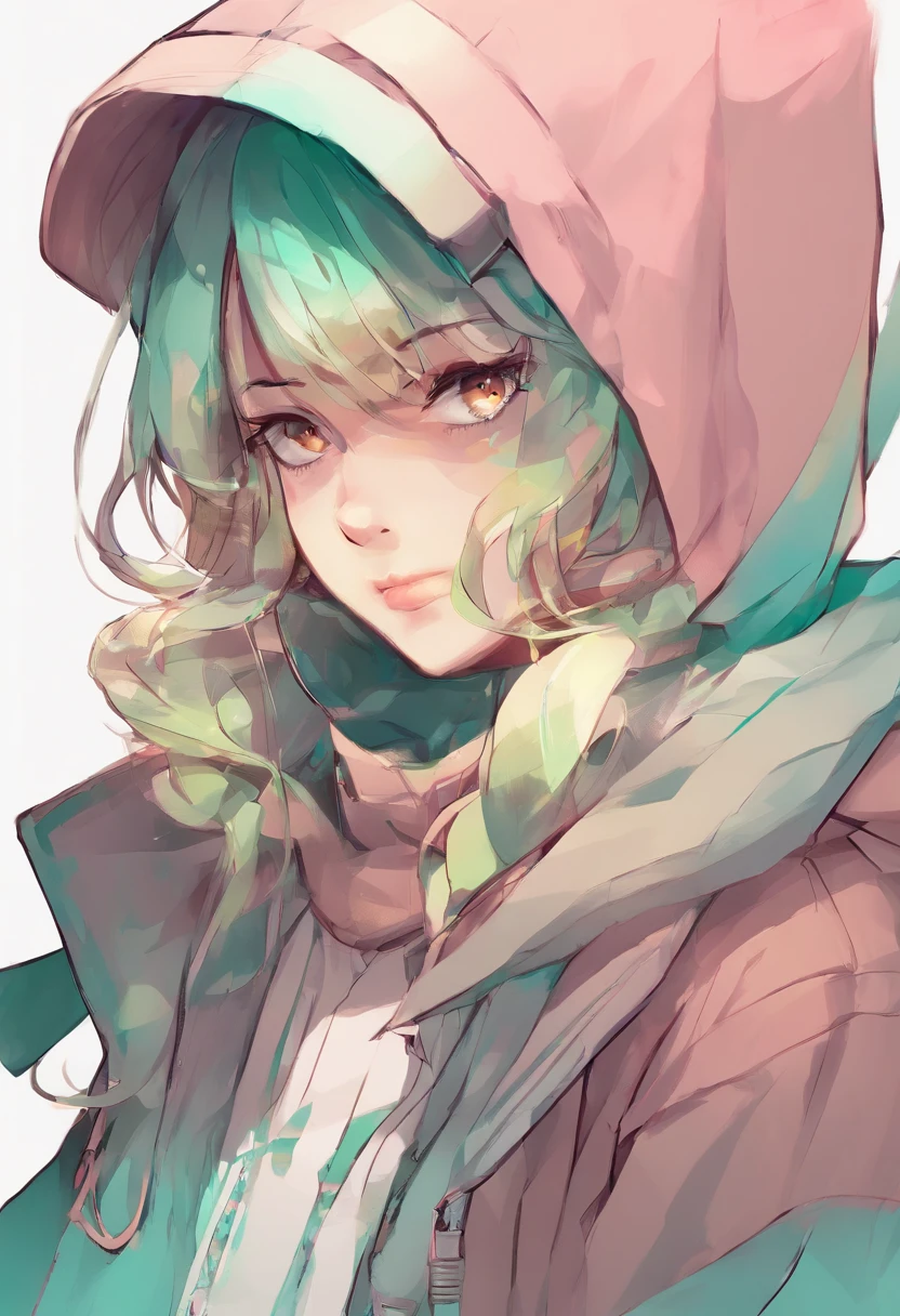 1girll, Solo, solofocus, Cowboy shot, Portrait, hoodie oversized, Aqua green and white hoodie, Half water, Semi-green, ((Brown hair)), (Yellow hair), (Gradient hair :1.5), Curly hair, ((Pink eyes)), Ultra-fine eyes, Conque, (Caramel dark skin:1.1), Best quality, Ultra-detailed, White background, Simple background