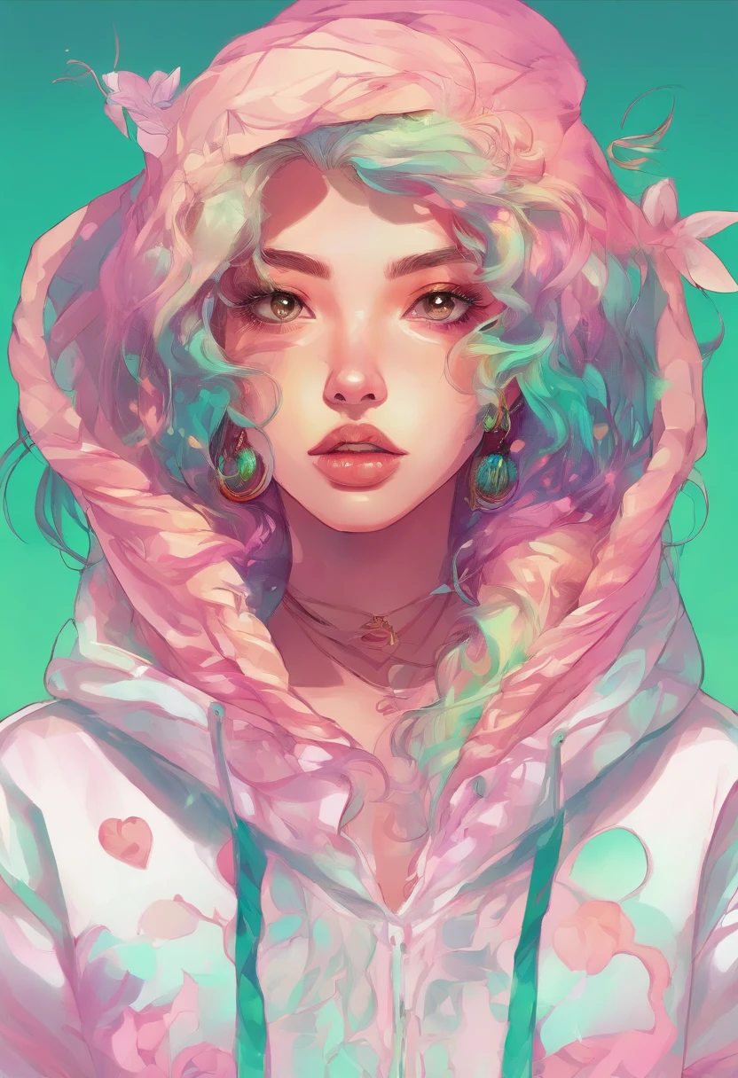 1girll, Solo, solofocus, Cowboy shot, Portrait, hoodie oversized, Aqua green and white hoodie, Half water, Semi-green, ((Brown hair)), (Yellow hair), (Gradient hair :1.5), Curly hair, ((Pink eyes)), Ultra-fine eyes, Conque, (Caramel dark skin:1.1), Best quality, Ultra-detailed, White background, Simple background