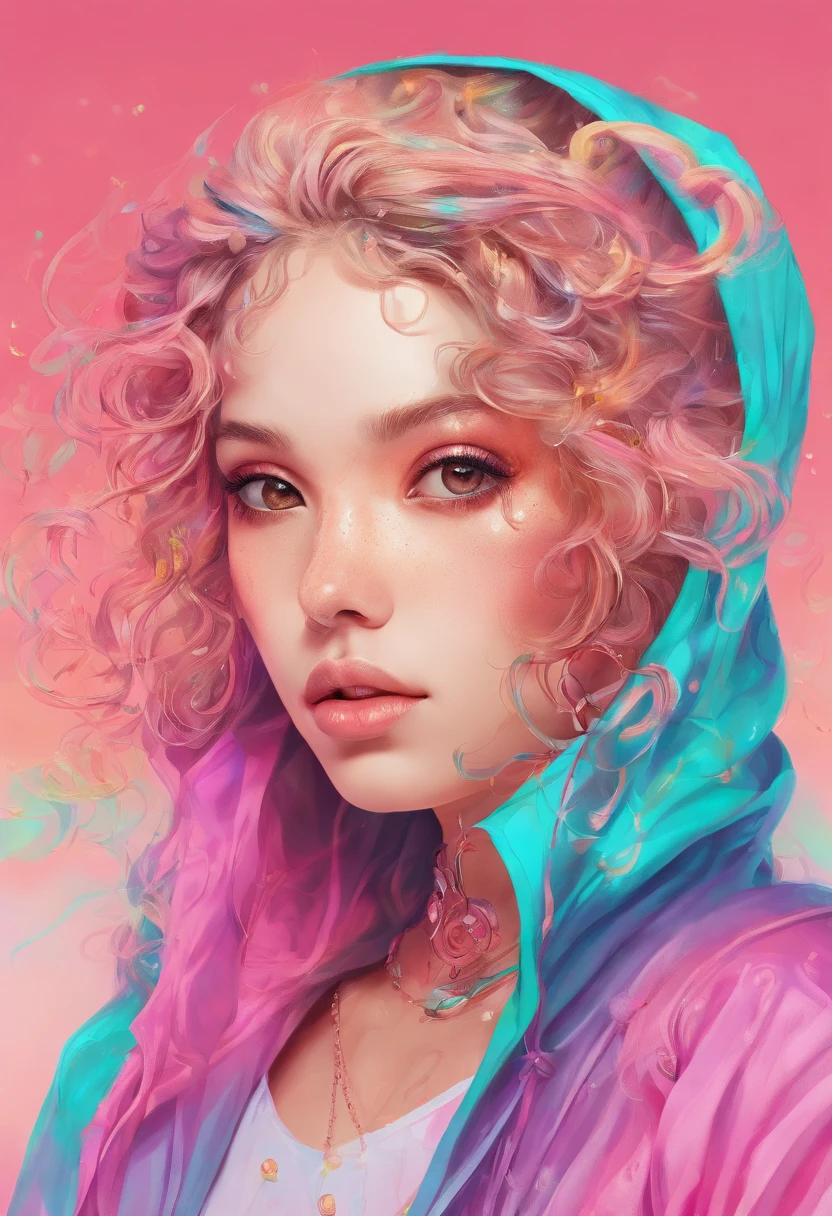 1girll, Solo, solofocus, Cowboy shot, Portrait, hoodie oversized, Aqua green and white hoodie, Half water, Semi-green, ((Brown hair)), (Yellow hair), (Gradient hair :1.5), Curly hair, ((Pink eyes)), Ultra-fine eyes, Conque, (Caramel dark skin:1.1), Best quality, Ultra-detailed, White background, Simple background