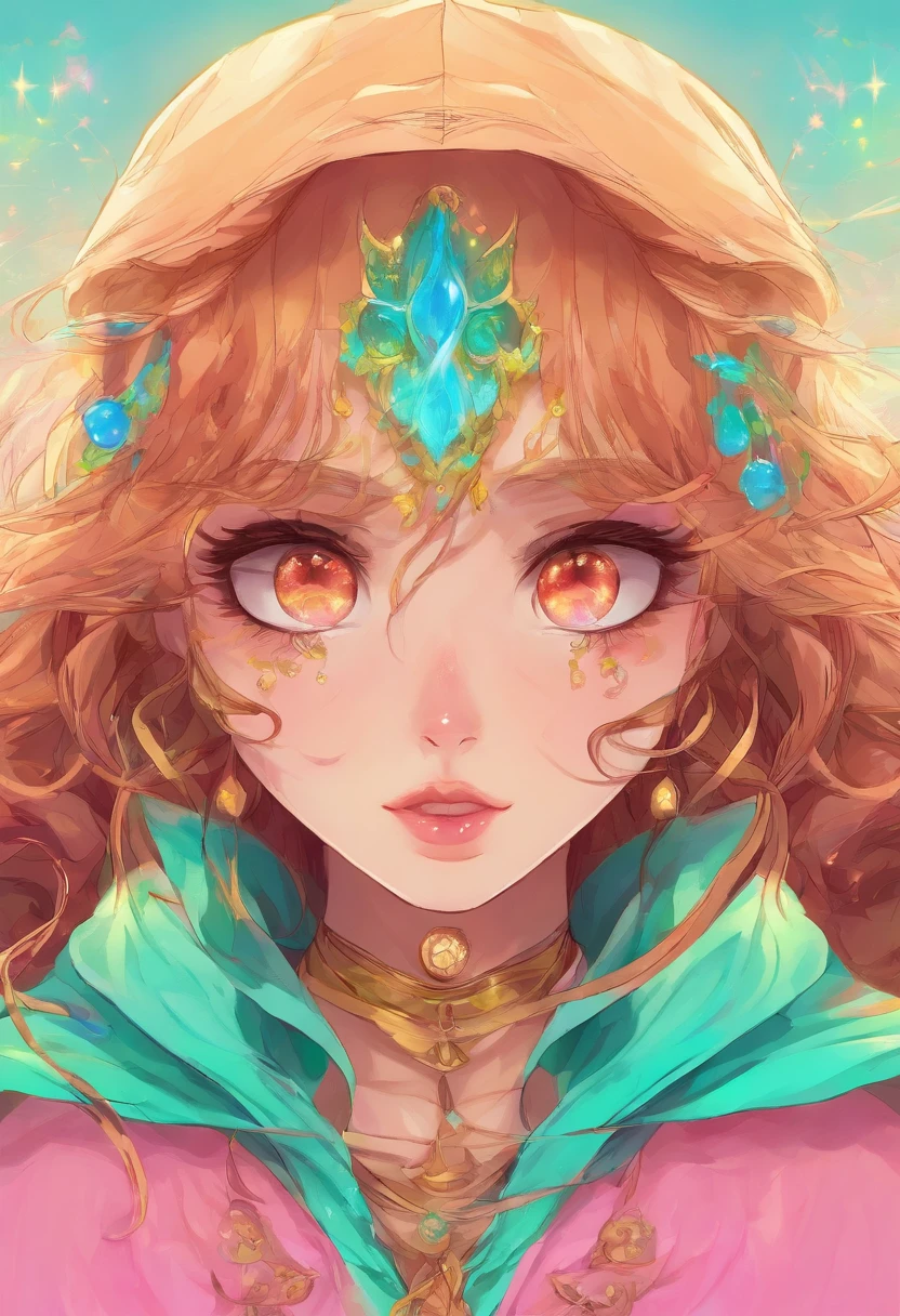 1girll, Solo, solofocus, Cowboy shot, Portrait, hoodie oversized, Aqua green and white hoodie, Half water, Semi-green, ((Brown hair)), (Yellow hair), (Gradient hair :1.5), Curly hair, ((Pink eyes)), Ultra-fine eyes, Conque, (Caramel dark skin:1.1), Best quality, Ultra-detailed, White background, Simple background