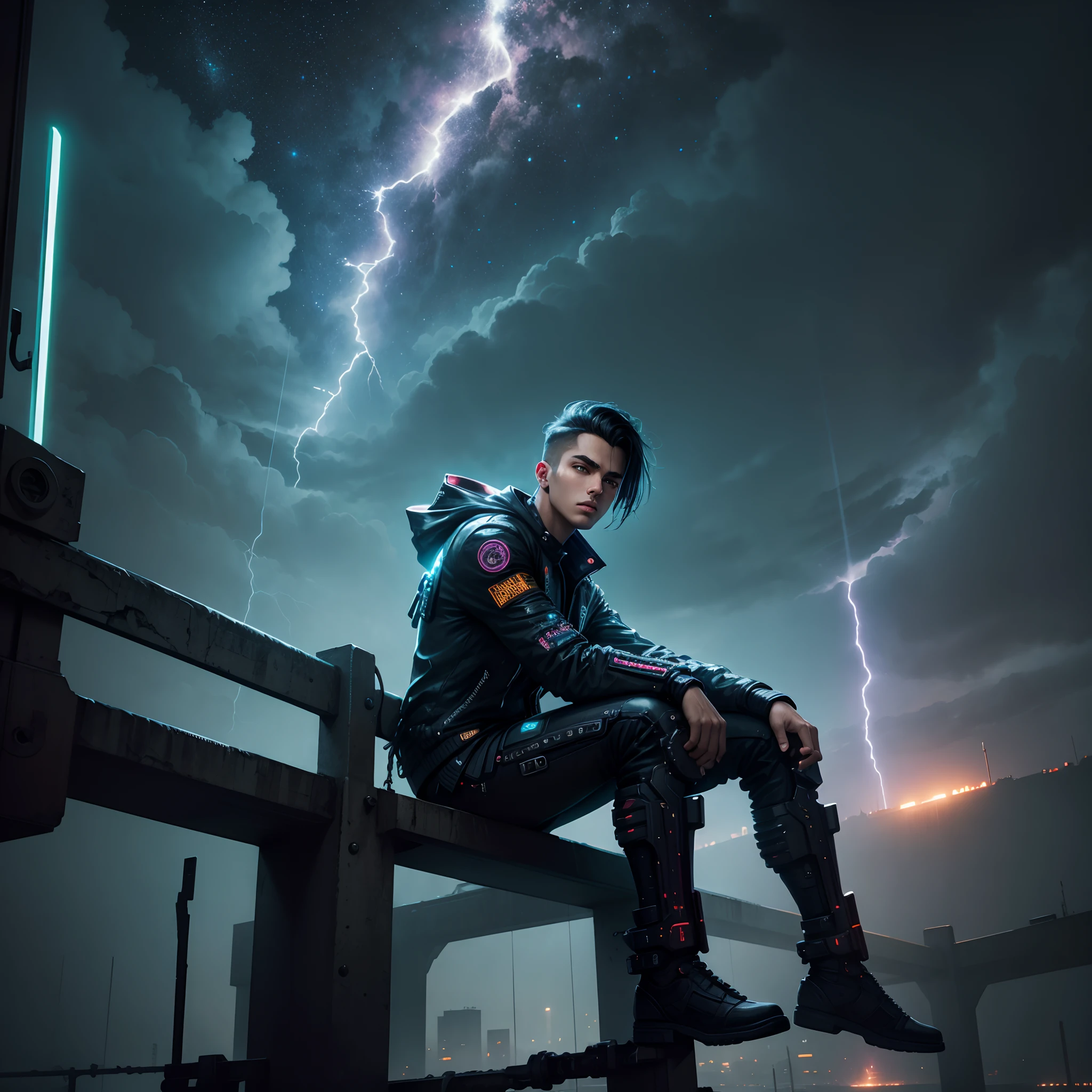 Background like cyberpunk, handsome boy sitting on other side on bridge, lightning, asteroid, stars, cinematic view,