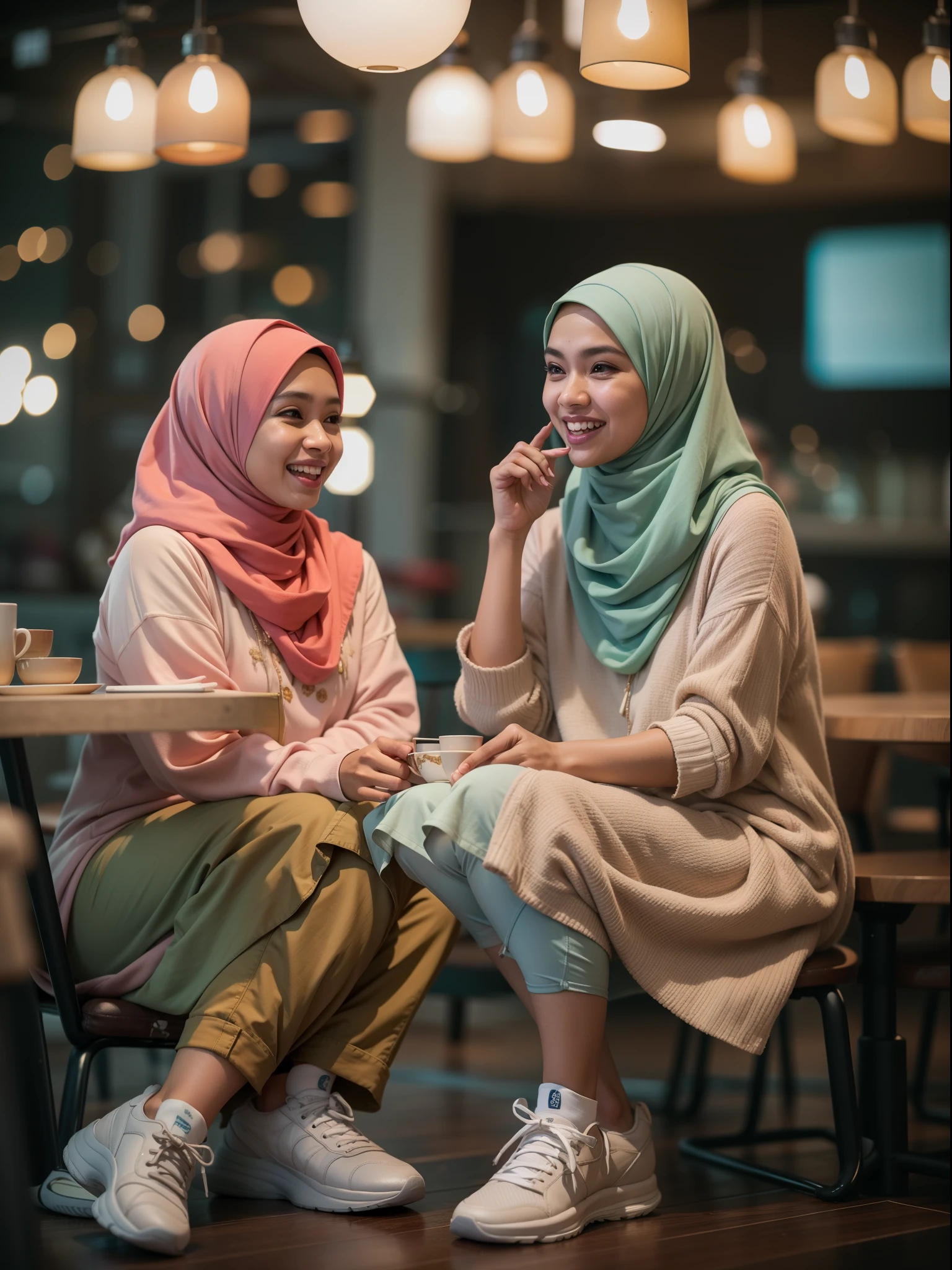 3 Malay girl with hijab seating in hipster cafe, happy, chatting, laughing, smiling, nighttime, wearing pastel color baju kurung and sneakers, soft professional lighting, blur background, cool ambient, cozy cafe, bokeh, high quality, ultra detail, detail skin texture, 8k, movie shot framing, cinematic lighting, cinematic shot,