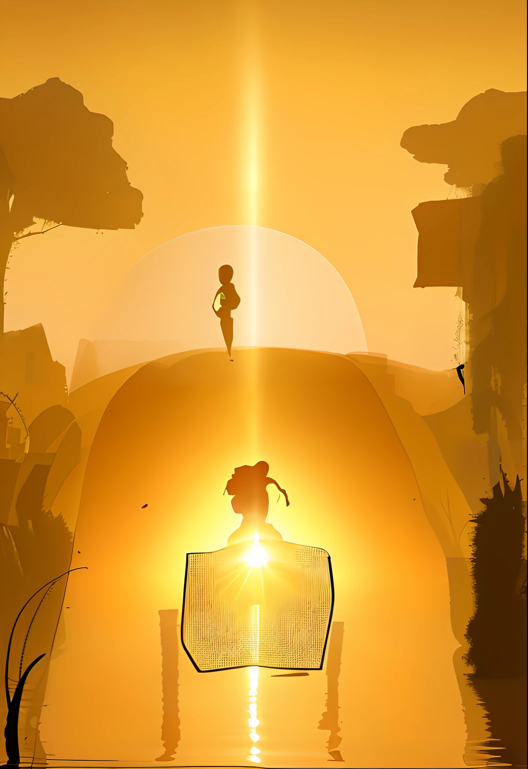 Groves on both sides,A huge sunrise in the distance,The child running at the end,Man in a wheelchair in front of him,Golden sunlight fills the earth