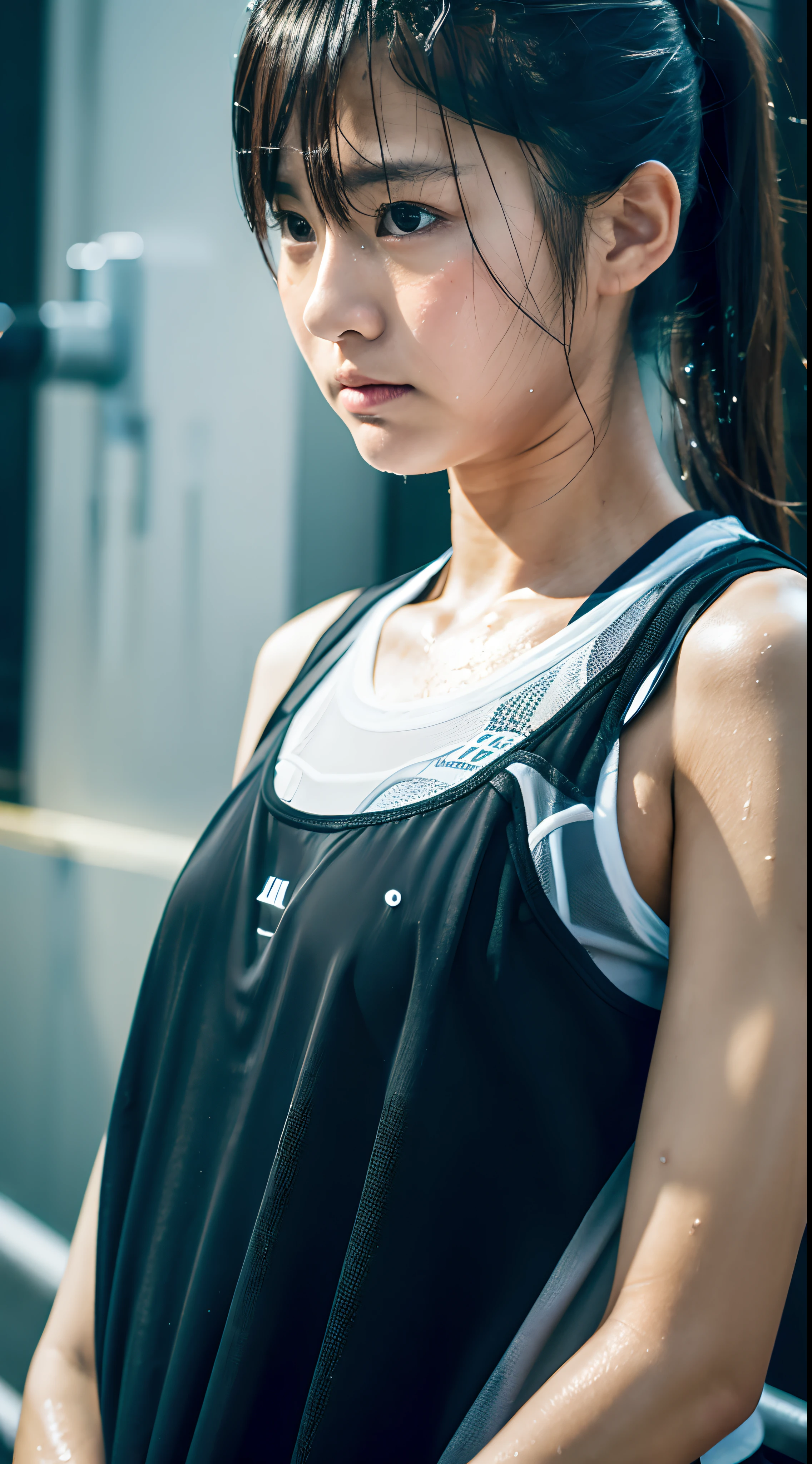 One lady,12year old,japanes,,Upper body portrait,A dark-haired,Beautiful ponytail,Wet with sweat,Serious look,Clothes are wet,