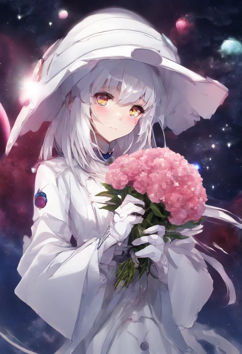 Masterpiece, Best quality, 1girll, Solo, Long_Hair, Looking_at_peeping at the viewer, White hair, Red eyes, Smile, bangs, Skirt, shirt, Long_Sleeves, Hat, dress, bow, Holding, Closed_Mouth, flower, frilld, Hair_flower, petals, Bouquet, Holding_flower, Center_frilld, bonnet, Holding_Bouquet, tachi-e, full bodyesbian, White background,