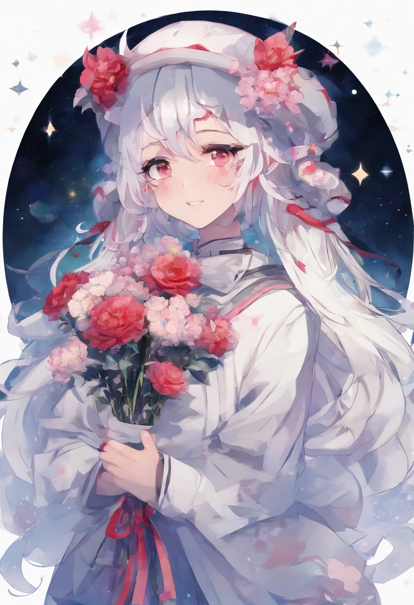 Masterpiece, Best quality, 1girll, Solo, Long_Hair, Looking_at_peeping at the viewer, White hair, Red eyes, Smile, bangs, Skirt, shirt, Long_Sleeves, Hat, dress, bow, Holding, Closed_Mouth, flower, frilld, Hair_flower, petals, Bouquet, Holding_flower, Center_frilld, bonnet, Holding_Bouquet, tachi-e, full bodyesbian, White background,