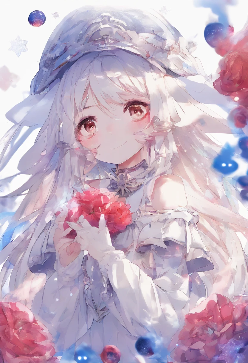 Masterpiece, Best quality, 1girll, Solo, Long_Hair, Looking_at_peeping at the viewer, White hair, Red eyes, Smile, bangs, Skirt, shirt, Long_Sleeves, Hat, dress, bow, Holding, Closed_Mouth, flower, frilld, Hair_flower, petals, Bouquet, Holding_flower, Center_frilld, bonnet, Holding_Bouquet, tachi-e, full bodyesbian, White background,