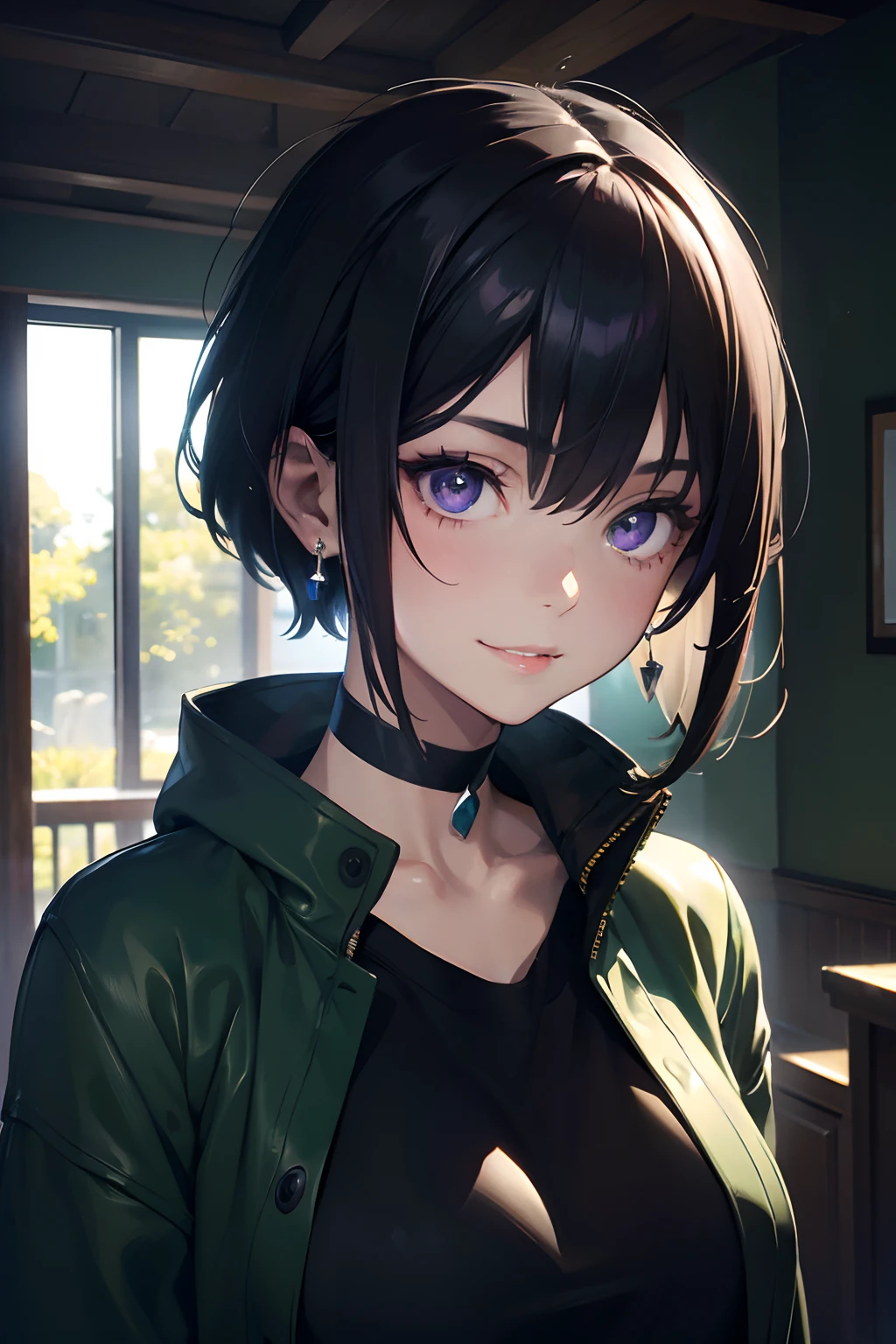 masutepiece, Best Quality, a 20 yo woman, ((Shy smile)),Shadow,Bery short hair,Reaping the nape,Huge aquarium,Purple eyes,blac hair,Lapis Lazuli Gemstone Choker,((Sharp eyes)),highly contrast,Big,Beautiful lips,Large silver earrings,looking left,The upper part of the body,Random reflexes,hyper reality,natural skin textures,Face looking up,Hanging corners of the eyes,Soft light,sharp,Shy face,green coat,Black knitwear,