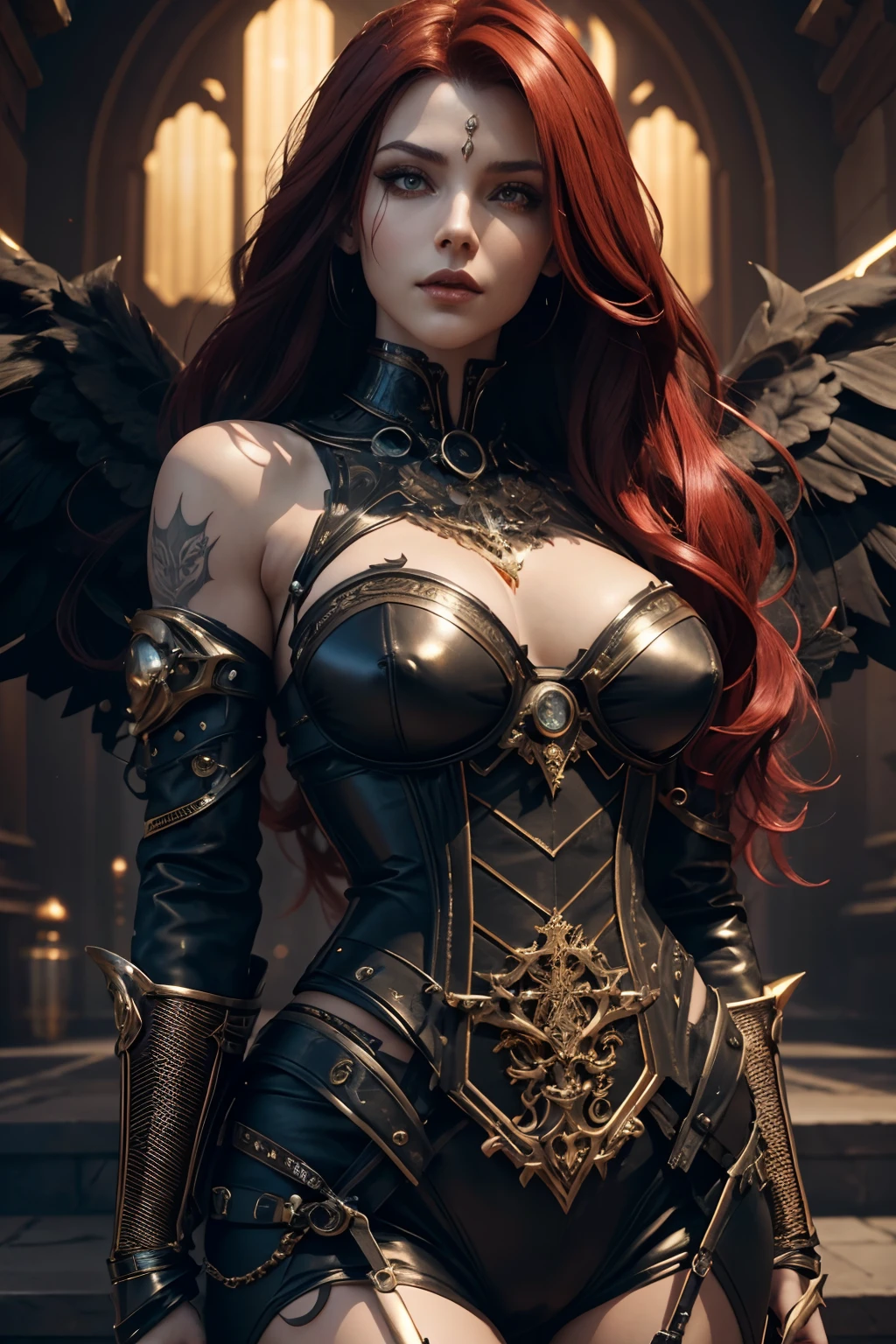 Red-haired demoness woman, full growth, very beautiful, long red hair, smooth, clean, white skin. Red and black short evening dress, cinematic picture, high detail, dynamic expressive image, detailed skin texture, graceful figure, sexy girlfriend, tattoos, dark angel, Italian Renaissance, great art. Magic and cyberpunk mixed together. Expensive jewelry symbolizes esoteric knowledge mixed with cyber technology, electronics, implants, expensive futuristic body jewelry, and tattoos. Warm range of colors, golden light, contrasting light with cold side lighting, expressing volume and shape. High-quality 3D visualization imitating painting techniques, a painting executed by an outstanding master in a painterly manner. Distant esoteric future, high technology - magic. Masterpiece. the highest quality, background - futuristic horror style, engineering structures, temple of cyber technology, clear frame, soft shadows, contrasting light.
2_Her body is grace, elegance, and ideal figure, a woman with long red hair, waist-length hair, black metal, a leather corset, a rock star, a demonic image, body covered in tattoos. On the body, there is a corset of belts, fasteners, and fastenings, electronic implants, woven into her outfit, the Goddess of Darkness, the angel of the CyberWorld.
3_ Background environment; Urban hall, glow, wires. electronic mechanisms, Create an esoteric ornament, an epic structure - a temple, a religious building, High vaulted ceilings, Modern architecture - esoteric: studio light, side light, the contrast of cold shadows, and warm golden light.
4_High image quality, 4K | Ultra HD | Full HD, cinematic rendering, 3D visualization. 8K Full Body Rendering Unity, Motion Capture, Skin Pores, Detailed Face (Vivid, Photorealistic, Realistic, Sharp Focus, 8K). High-detail textures, fabric, material, leather, metal, electronic implants. Texture, high quality, (shades of gray, red, black, elements, metallic luster), Magic amulets on the chest, cabalistic symbols. Fi