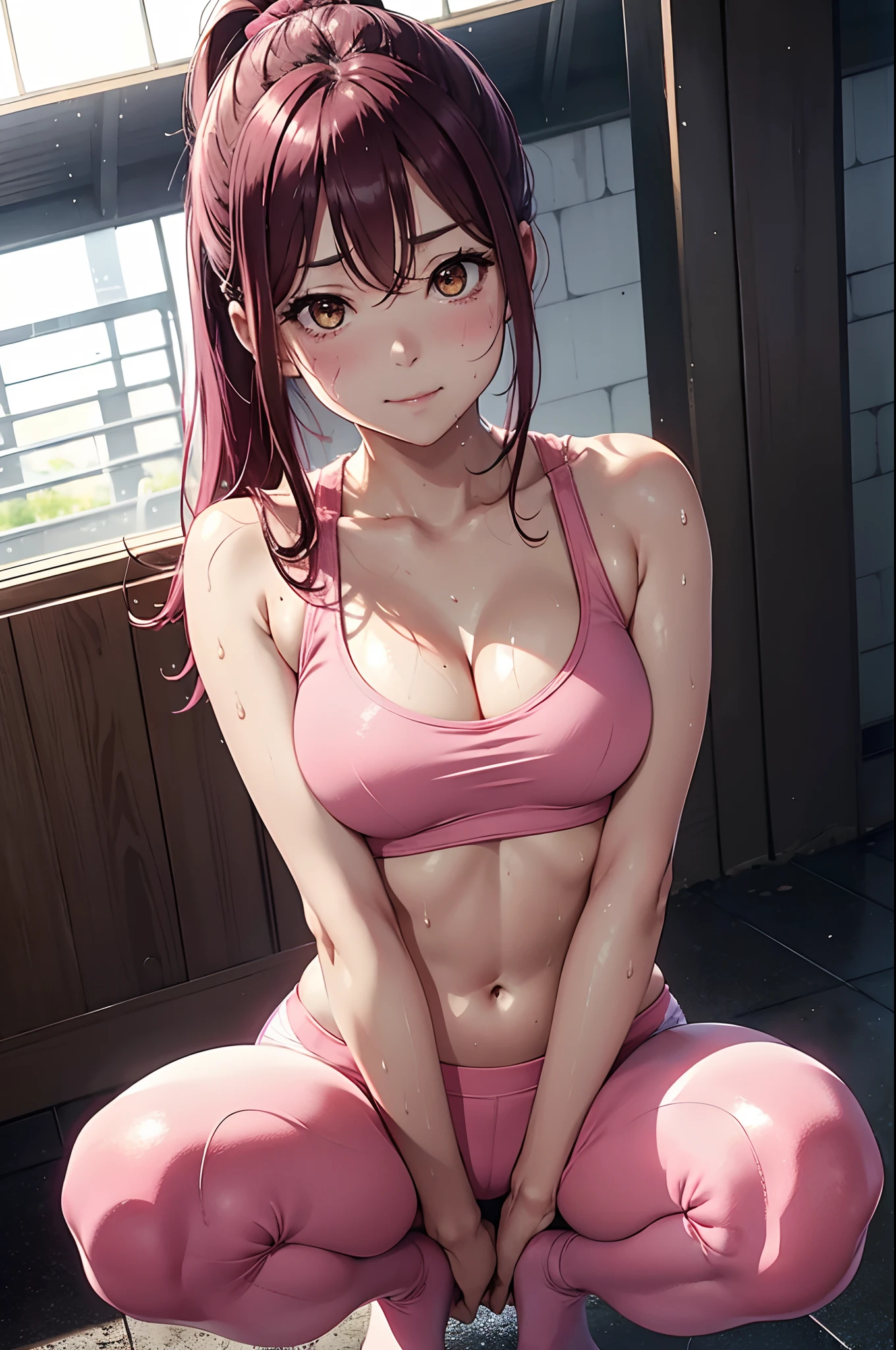 Sakurauchi riko, pink skinny sweet pants, tight gym bra, sweating,sweat drops ,  (cleavage:0.7),unstyled hair,wet hair,yellow eyes,thicc legs, posing for picture, slightly smile,(squatting), crouching