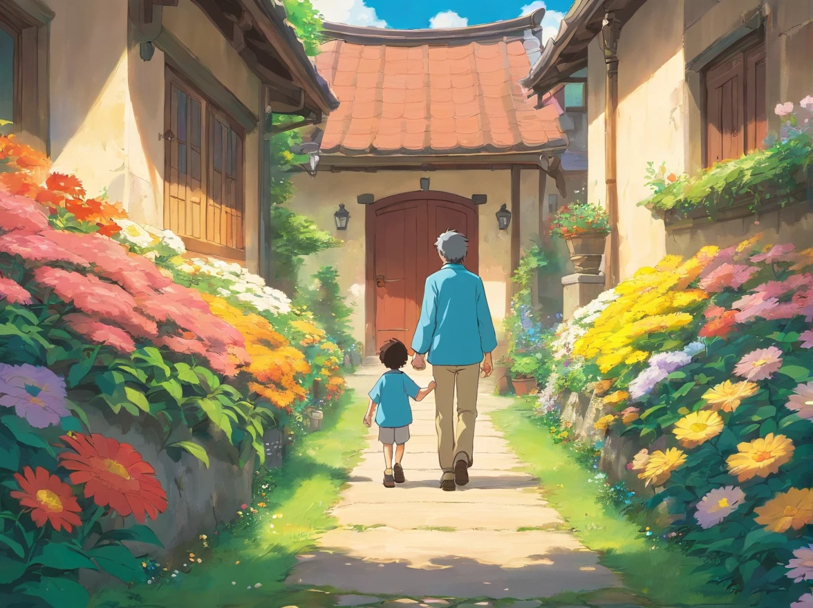 Stars in sky illustration,Father and young son holding hands,orthofacial,Walk on the path full of flowers,exteriors,House scene just around the corner,Minority elements,Heartwarming scene,perfect detail