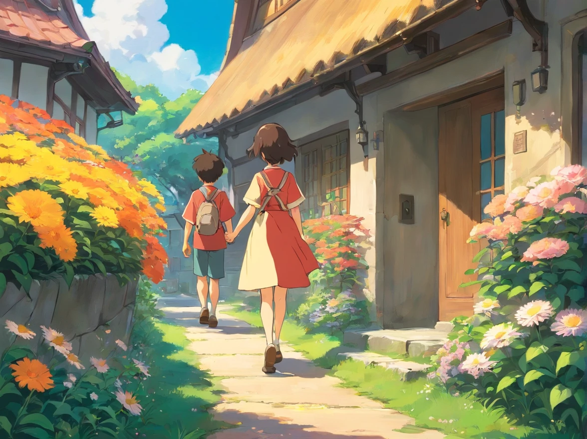 Stars in sky illustration，Father and young son holding hands，orthofacial，Walk on the path full of flowers，exteriors，House scene just around the corner，Minority elements，Heartwarming scene，perfect  detail