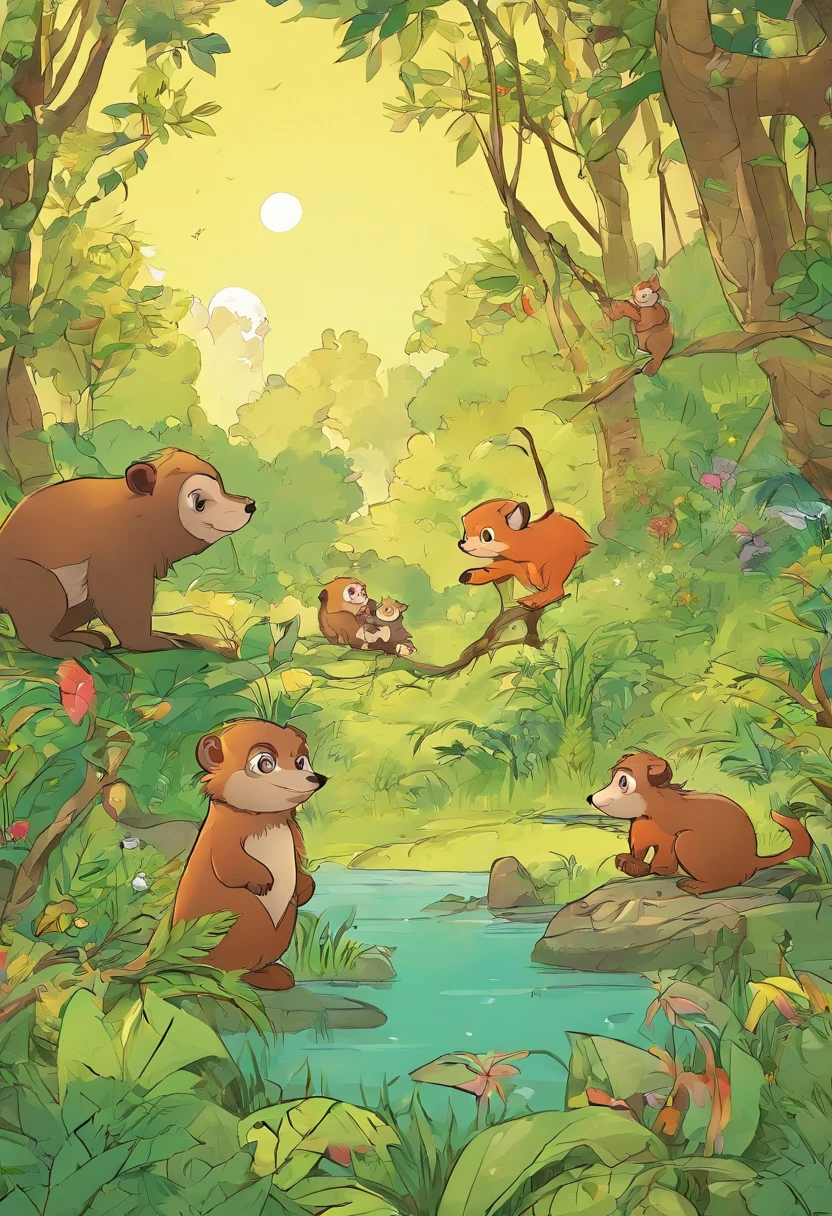 Play scene in the forest:The picture shows a lush forest,The tall trees and the light and shadow of the sunlight shining through the leaves have small squirrels、little bear、bunny、The little fox、 cats,In the middle of the picture, a small monkey is performing on stilts,The animals are playing,Some are chasing and playing,Some are observing the monkeys' performances。
