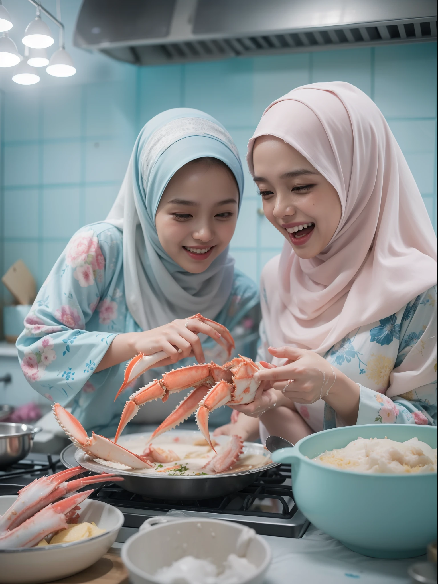 2 beautiful malay girl in pastel color hijab cooking very big king crab, wear pastel blue and white floral pattern baju kurung, lively moving king crab, shock, funny and clumsy situation, laughing, happy, messy kitchen, wet kitchen and cloth, detailed skin texture, soft lighting, pastel color theme, high quality, movie shot framing, ultra detail, 8k,