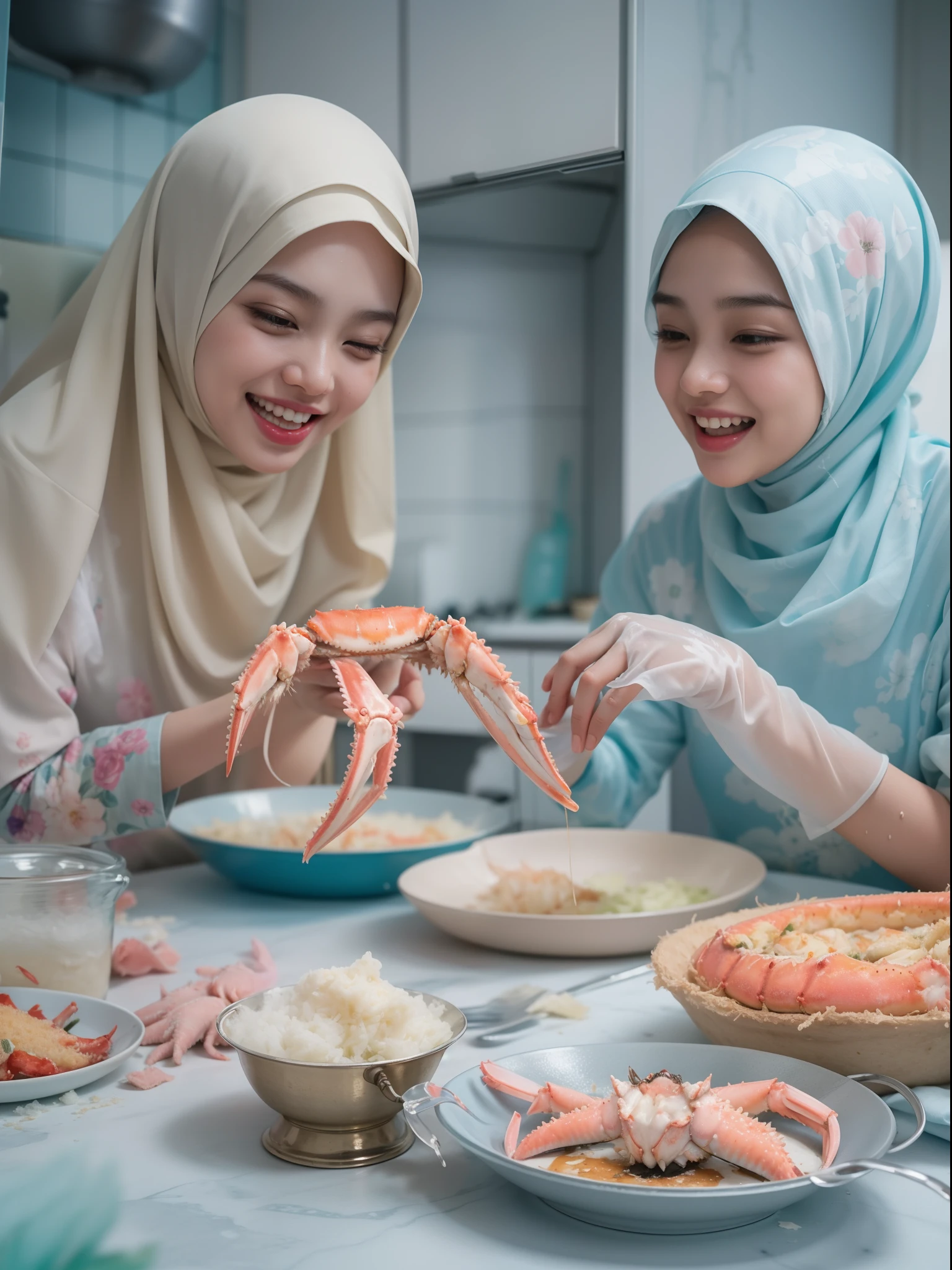 2 beautiful malay girl in pastel color hijab cooking very big king crab, wear pastel blue and white floral pattern baju kurung, lively moving king crab, shock, funny and clumsy situation, laughing, happy, messy kitchen, wet kitchen and cloth, detailed skin texture, soft lighting, pastel color theme, high quality, movie shot framing, ultra detail, 8k,