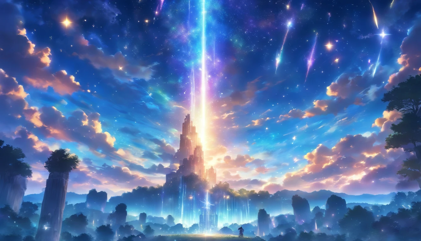 A pillar of light with stars gathered in the night sky falls on an empty horizon。