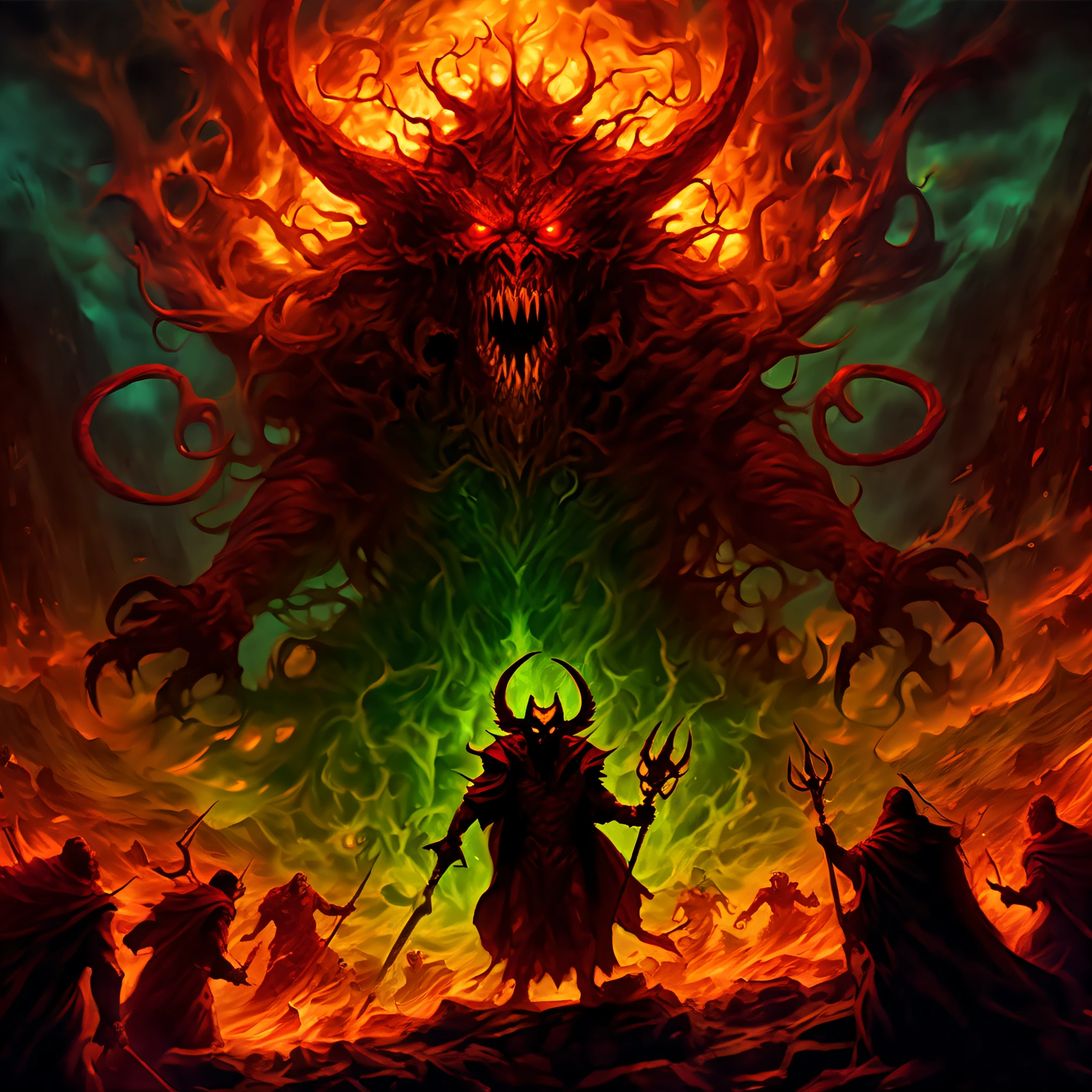 ultimate embodiment of evil illustration, evil spirit, fiend, satan, daemon, demon, immortal, eyes glowing with malice, exuding an aura of fear and intimidation, surrounded by a legion of demonic creatures in the depths of hell, malevolent deity of destruction, casting a menacing shadow over a desolate landscape, foreboding colors, ready to unleash chaos upon the world, impeccable quality, highest quality, highly quality, best quality, sharpness and clarity unmatched, (((radiosity rendered in stunning 32k resolution, :1.3))), intricate insane details, extremely insane detail, beautiful detailed glow, multilayered, meticulously detailed, (intricate insane details painting:1.3), digital coloring, rich colors, fantastic realism, professional art work,