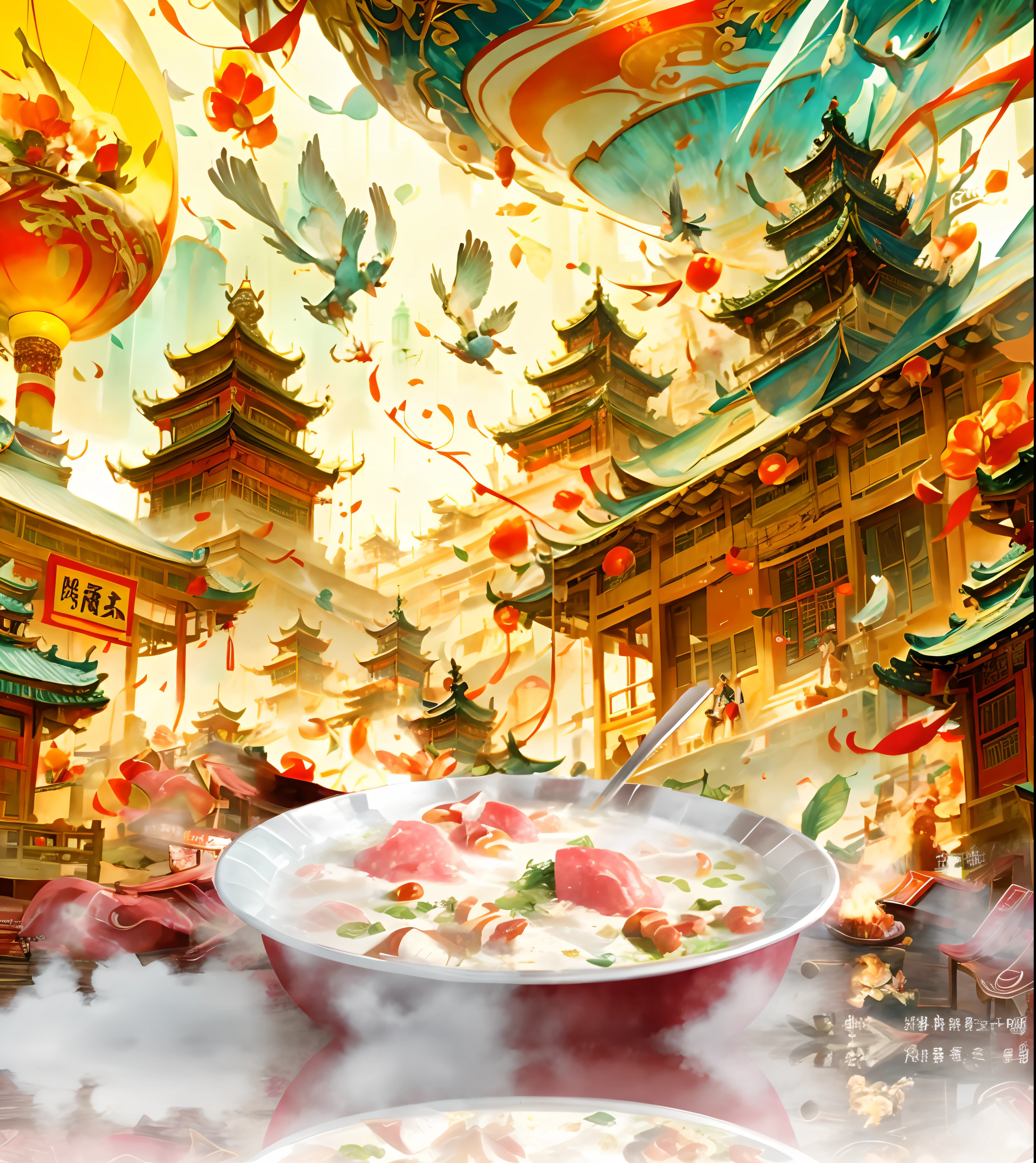There was a big bowl of soup on the table,There was a lot of food, dreamland of chinese, fantasy food world, A beautiful artwork illustration, Chinese watercolor style, Amazing food illustration, Chinese fantasy, dreamy Chinese towns, digital painting highly detailed, inspired by Pan Tianshou, highly detailed digital painting, chinese surrealism, fantasy food, Beautiful rendering of the Tang Dynasty