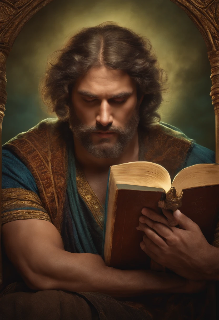 face of a giant man, with a bible in his hand