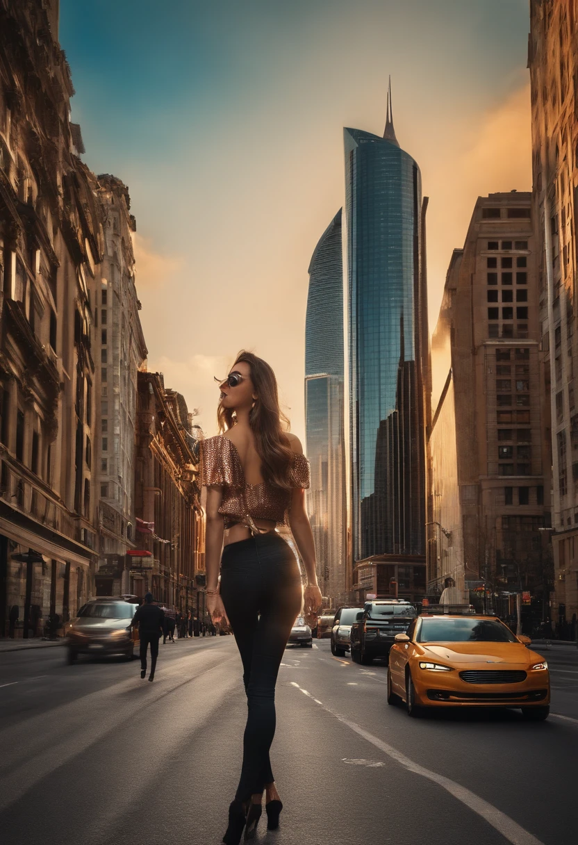 (best quality,ultra-detailed,realistic,photorealistic:1.2),vivid colors,professional,portrait,landscape,(modern,urban) environment,(beautiful detailed eyes,beautiful detailed lips,extremely detailed eyes and face:1.1),(happiness:1.1),(walking:1.1),woman,fashionable clothes,(expressing happiness,joyful:1.1),(arriving:1.1),downtown area,(high-rise,skyscrapers:tall buildings),(modern architecture:1.1),(busy streets:bustling roads),city lights,photography,modern style,cityscape,fine art