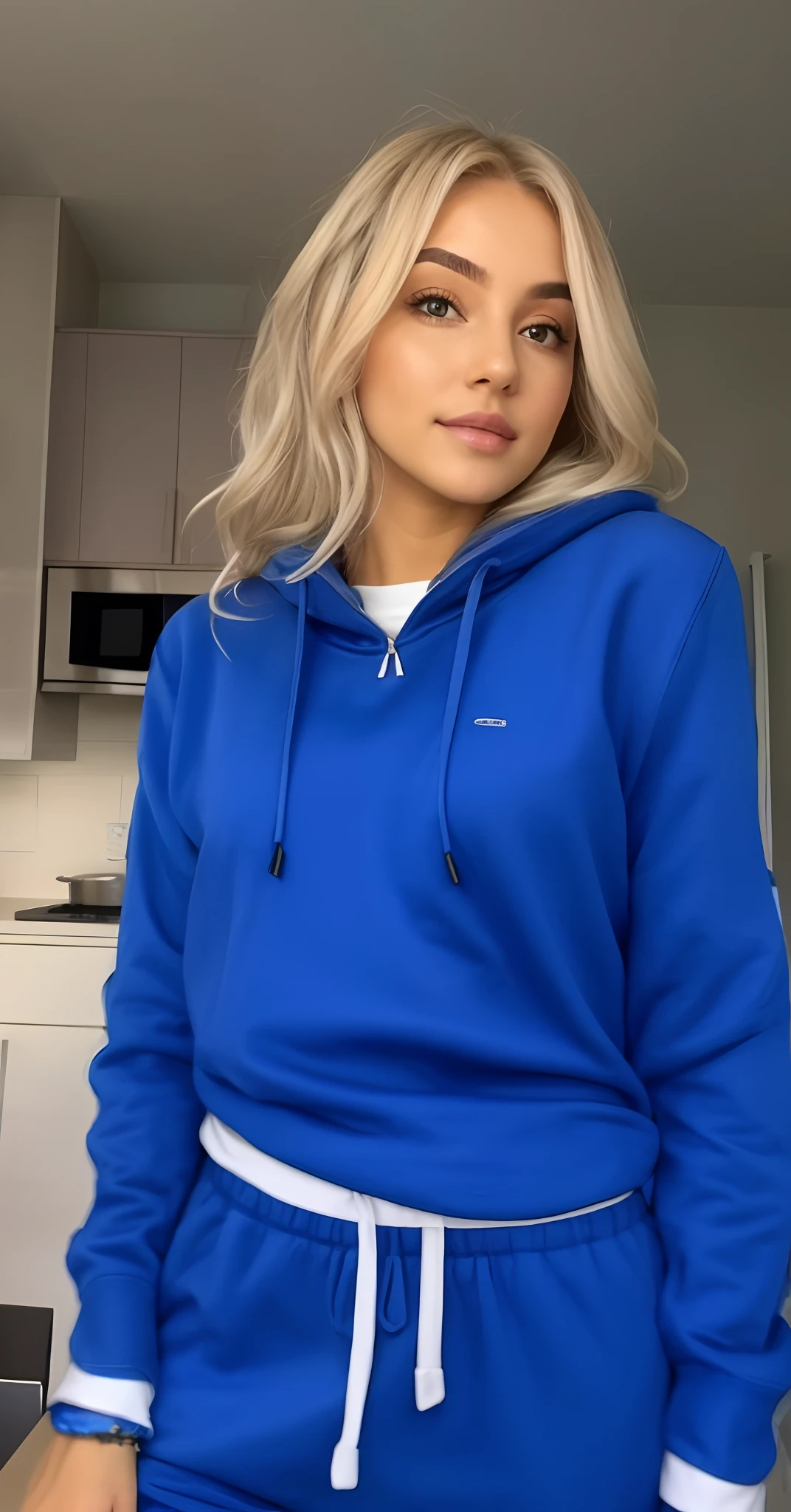 Messy hair woman in a blue sweatshirt and sweatpants standing in a kitchen, camisola azul, usando um capuz azul, usando um capuz azul neon, Capuz azul, roupas azuis, roupa azul, in a navy blue sweater, camisa azul, Roupas azuis, Jaqueta azul, blue turtleneck, com longos cabelos loiros, only with blue, tshirt azul apertada