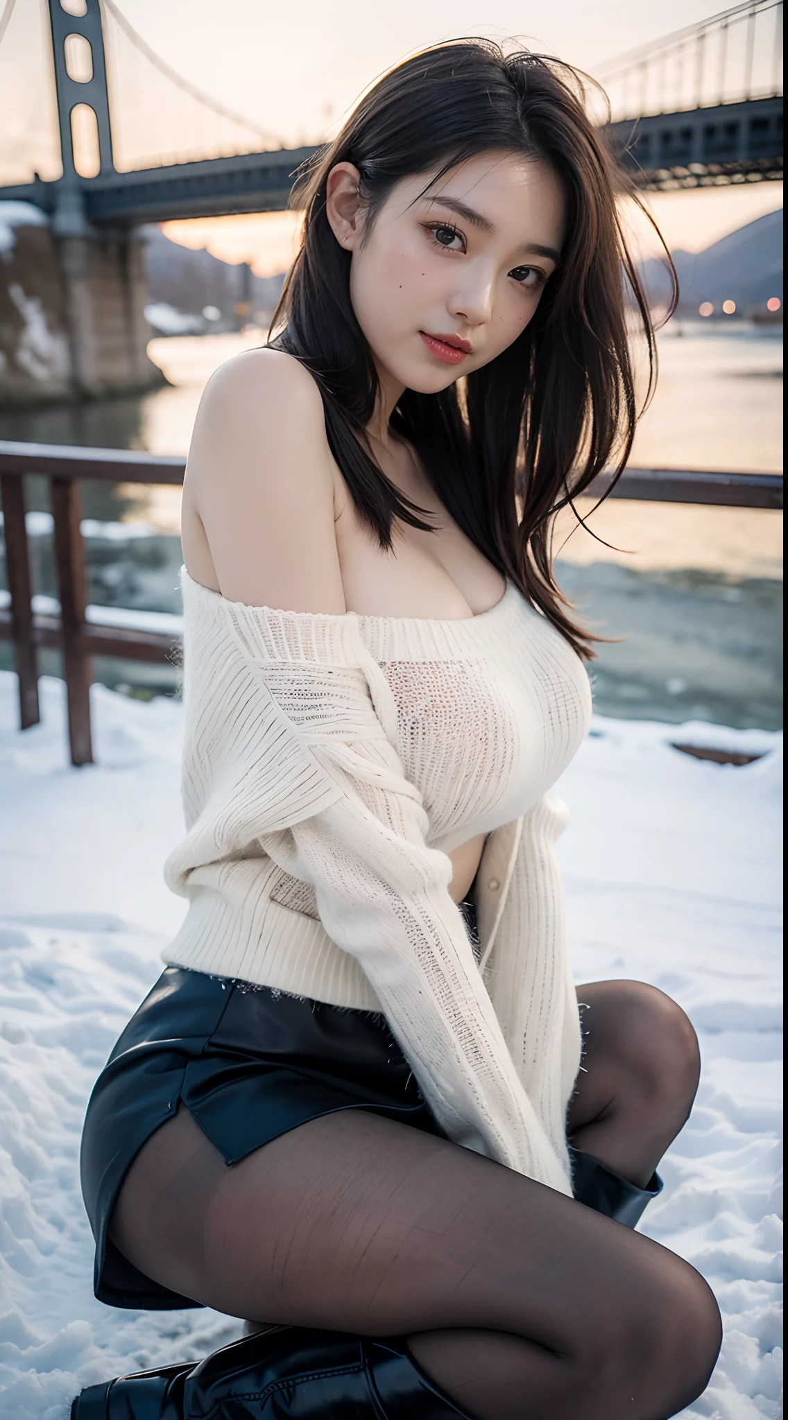 (closeup shot:1.4)、(Raw-Photo:1.2)、(Photorealcitic:1.4)、(masterpiece:1.3)、(Top Quality:1.4)、dream-like、(A detailed eye)、(Detailed facial features)、(detailed clothing features)、clear skin、(shinny skin)、(Slender and Beautiful Girl)、(Beautiful bridge lines)、one girls、(FULL BODYSHOT)、独奏、cute little、Happy smiling face、(tits huge)、beauty breast、bangss、Short bob、A dark-haired、black eyes、Long scarf、White wool sweater、off-the-shoulders、mini-skirt、Black thick pantyhose、Snow boots、I can see the panties、indecency、Erotic、