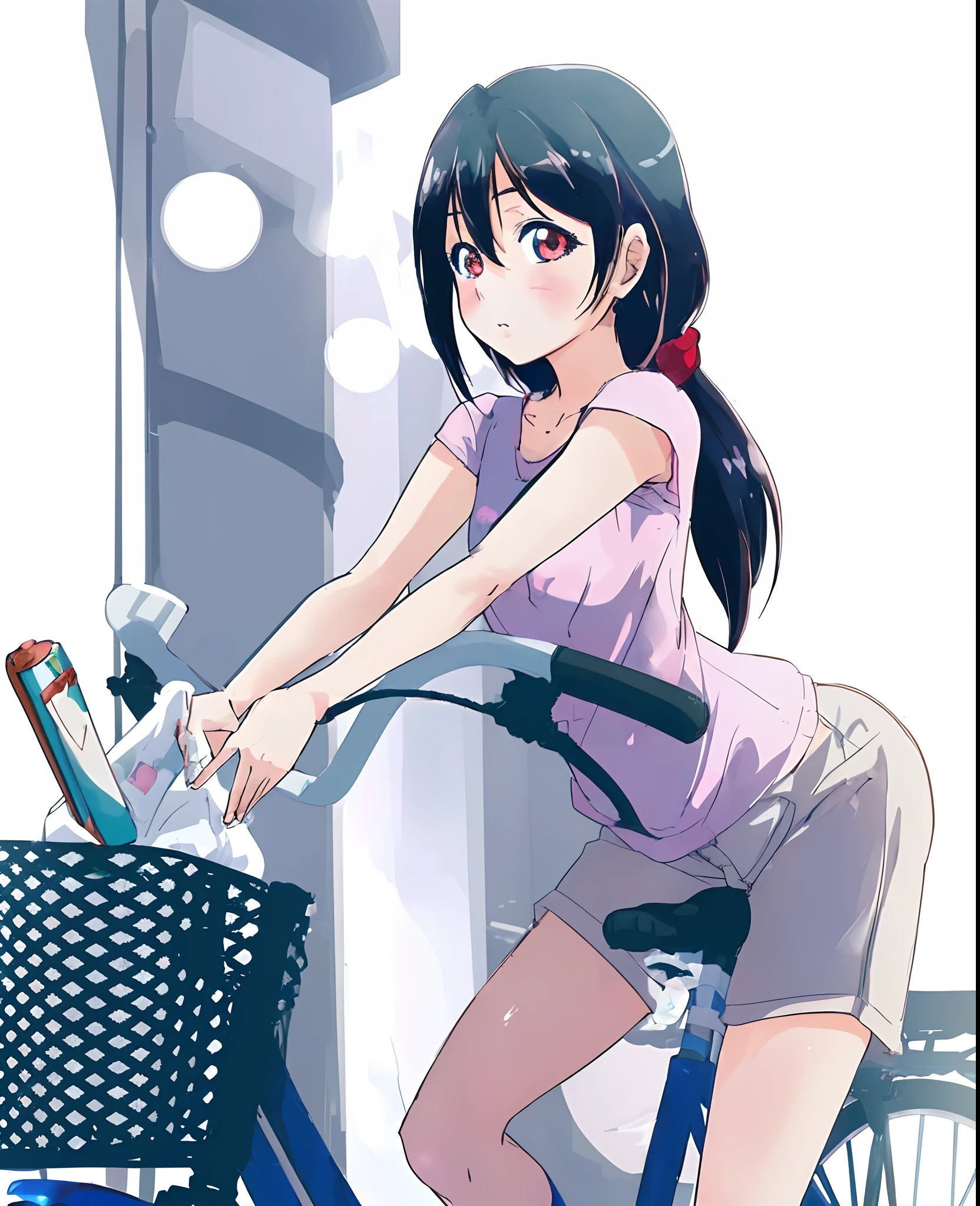 anime girl riding a bike with a basket full of items, yazawa nico, ecchi anime style, beautiful anime girl squatting,red eyes