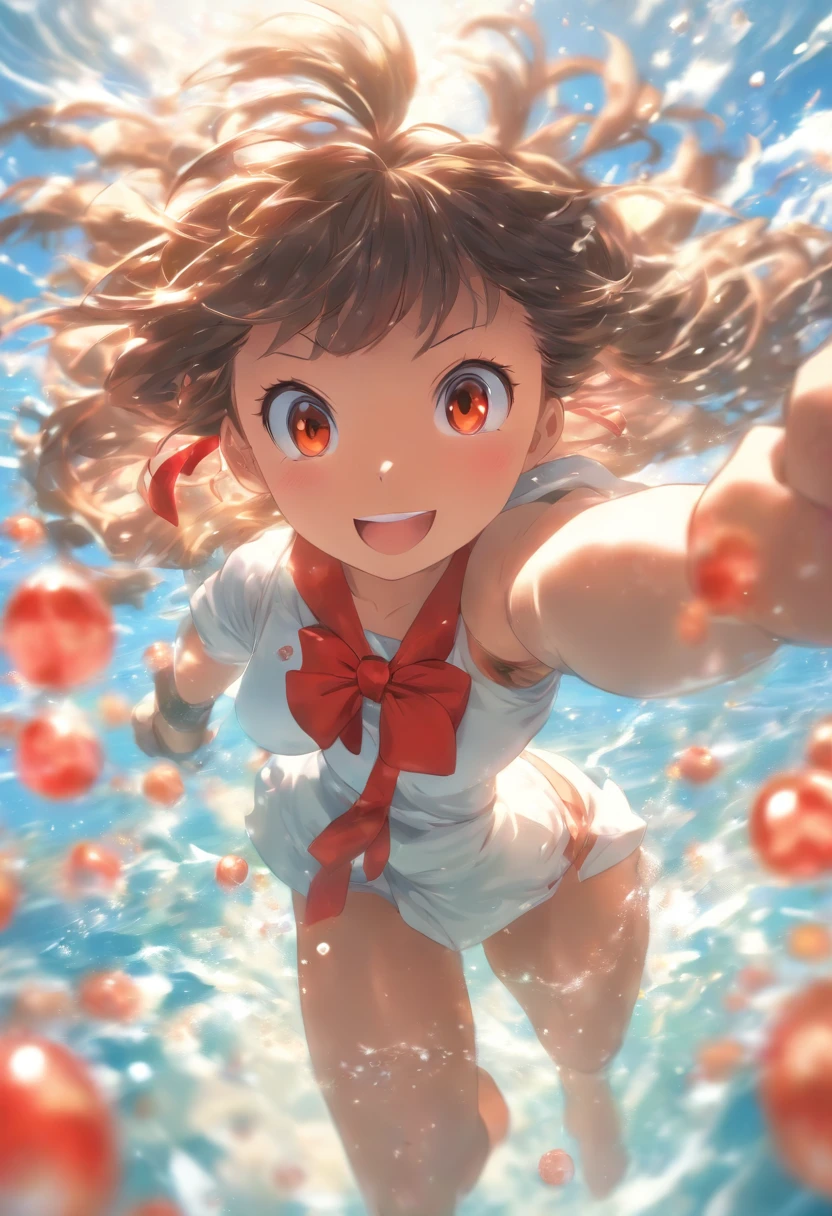 foreshortening, depth of fields, masutepiece, Best Quality, 1girl in, Black hair, Brown eyes, Bob Hare, under the water, Air bubble, Solo, Looking at Viewer, School Swimsuit, Swimming, Dappled sunlight,Anime girl in white coat and red bow standing, an anime drawing inspired by Yuki Ogura, pixiv, shin hanga, single character full body, Anime visuals of cute girls, anime moe art style, Anime girl named Lucy, nyaruko-san, Kantai Collection Style, Anime Best Girl, full body single character, small curvy
