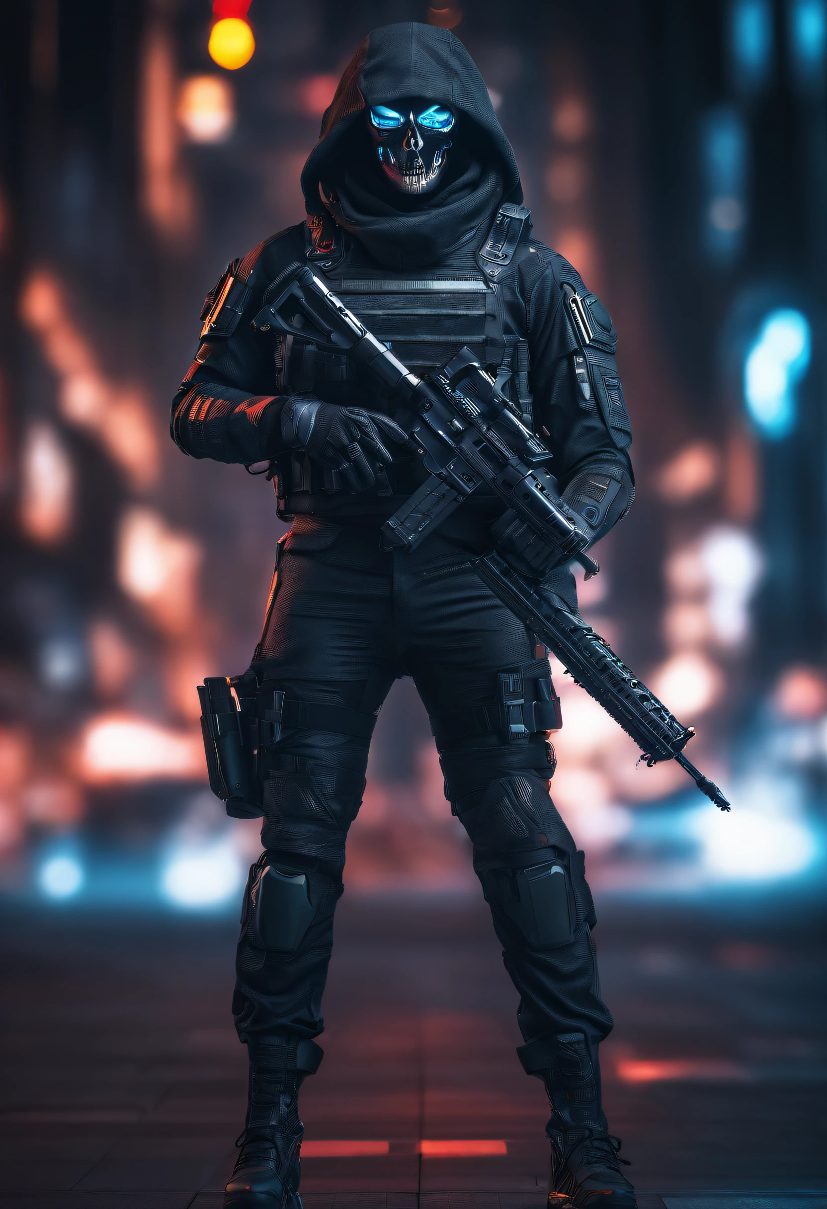 Skull-faced policeman wearing balacrava, bright burning eyes, holding super crafted weapons m4, WEAPON M4 AR, super realistic weapons, super detailed weapon, original weaponry, official weaponry, assault rifle weaponry with all realistic details, burning penitentiary background, ultra-detailed background, Biomechanics, strange, scary, Nightmare, very bright colors, light particles, with bright light, Mshiff, Wallpaper art, hard line, ultra line, bold line, Wallpaper UHD, fluorescent image, no double face, no error.