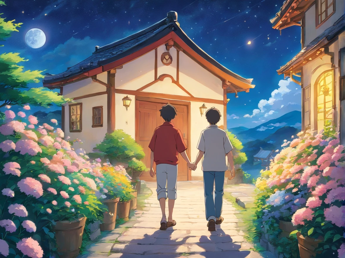 Moon and stars in sky illustration，Father and young son holding hands，orthofacial，Walk on the path full of flowers，exteriors，House scene just around the corner，Minority elements，Heartwarming scene，perfect  detail