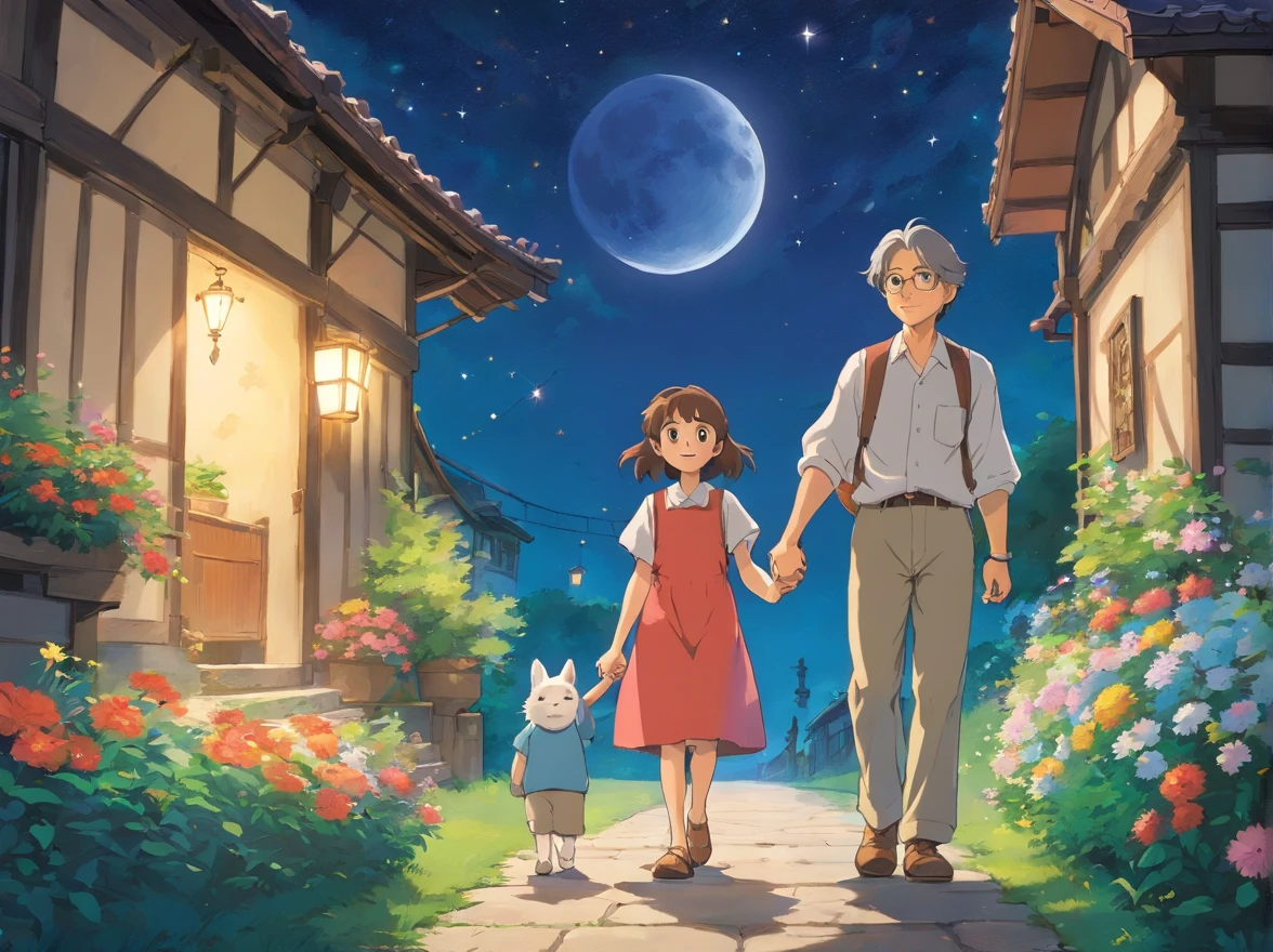 Moon and stars in sky illustration,Father and young son holding hands,orthofacial,Walk on the path full of flowers,exteriors,House scene just around the corner,Minority elements,Heartwarming scene,perfect detail