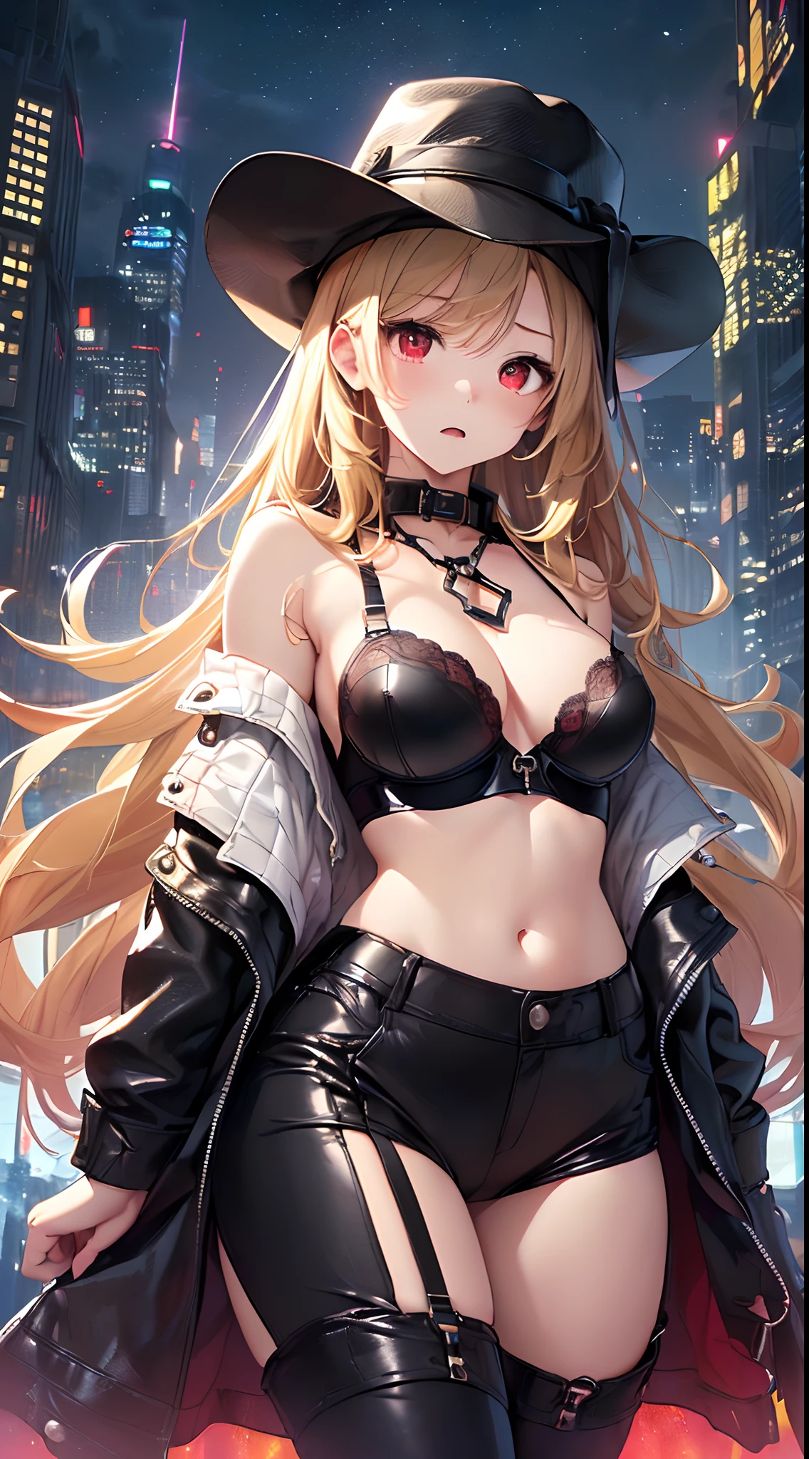 top-quality、Top image quality、masterpiece、girl with((cute little、18year old、Best Bust、Medium bust、Bust 85,Red eyes to issue、Breasts wide open,Valley、Blonde long hair、A slender、Black leather bra、Black leather jacket、White pants、astonished face、Black leather hat)hiquality、Beautiful Art、Background with((nightcity、The ground glows red、weightless、Weightless world、City of weightlessness、)),masutepiece、Elaborate design、visualart、depth of fields、The best lighting、highestdetailed、