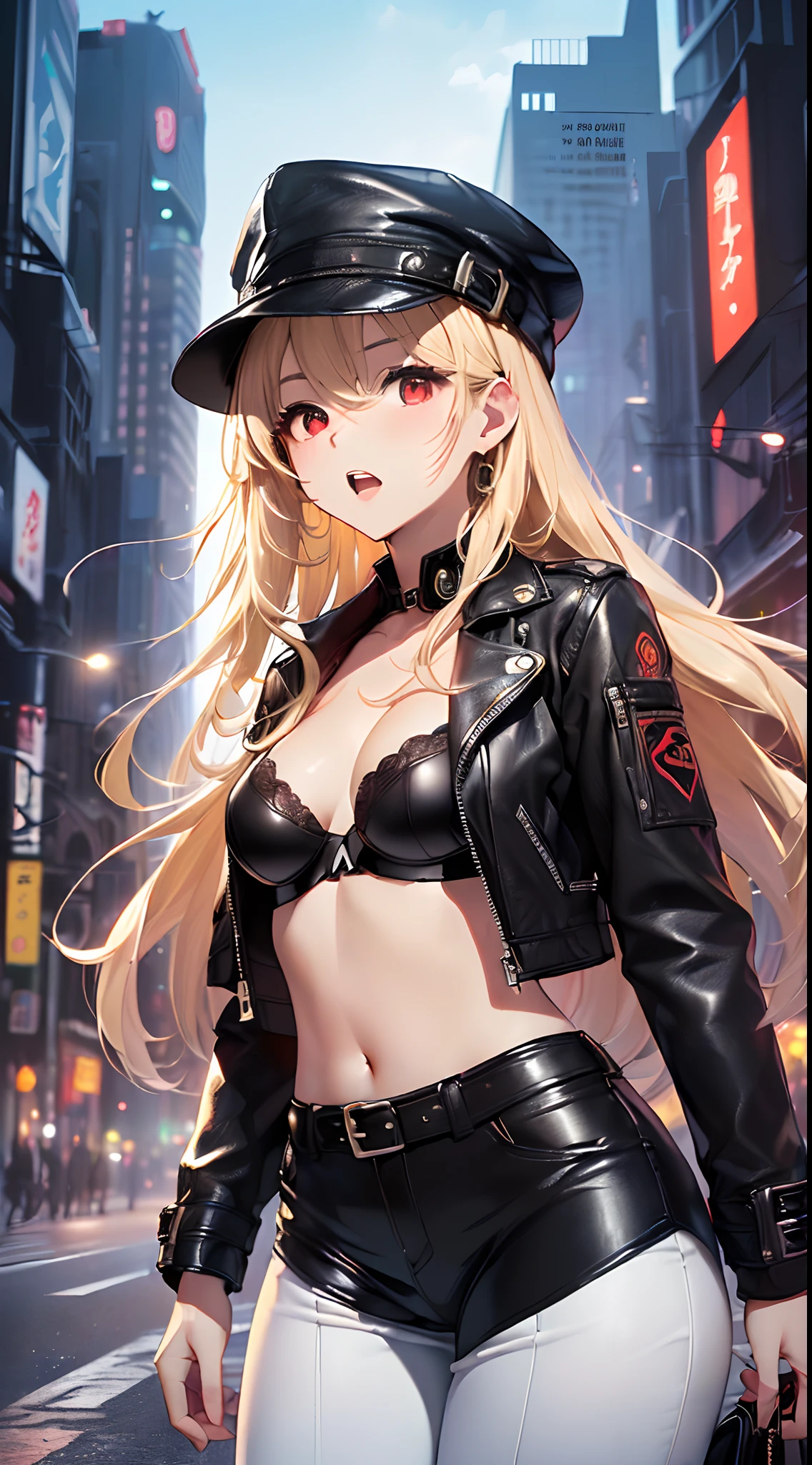 top-quality、Top image quality、masterpiece、girl with((cute little、18year old、Best Bust、Medium bust、Bust 85,Red eyes to issue、Breasts wide open,Valley、Blonde long hair、A slender、Black leather bra、Black leather jacket、White pants、astonished face、Black leather hat)hiquality、Beautiful Art、Background with((nightcity、The ground glows red、weightless、Weightless world、City of weightlessness、)),masutepiece、Elaborate design、visualart、depth of fields、The best lighting、highestdetailed、